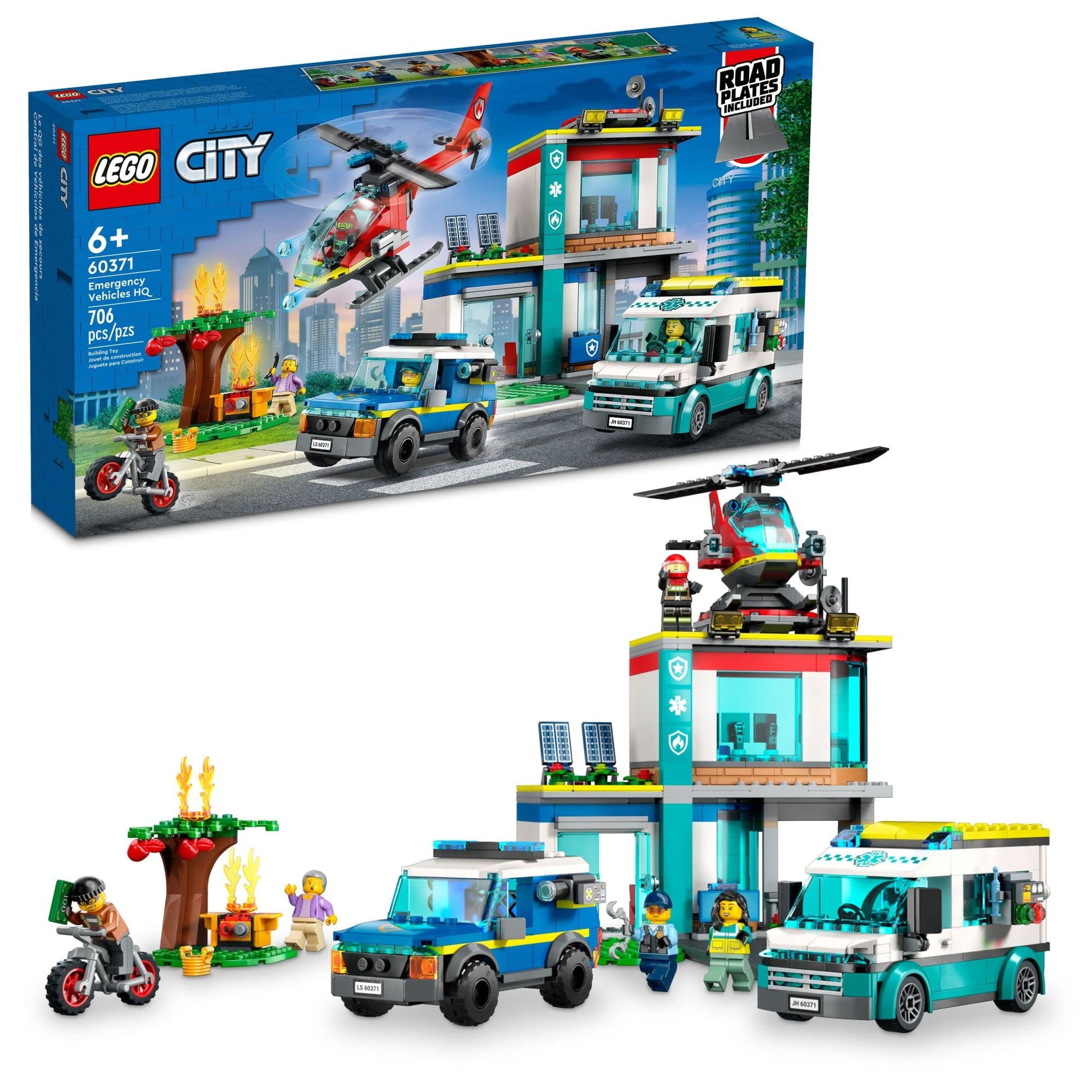 LEGO City Emergency Vehicles HQ 60371, Fire Rescue Helicopter Toy Set, Ambulance, Motorbike and Police Car Toys, Gift for Kids, Boys & Girls Age 6