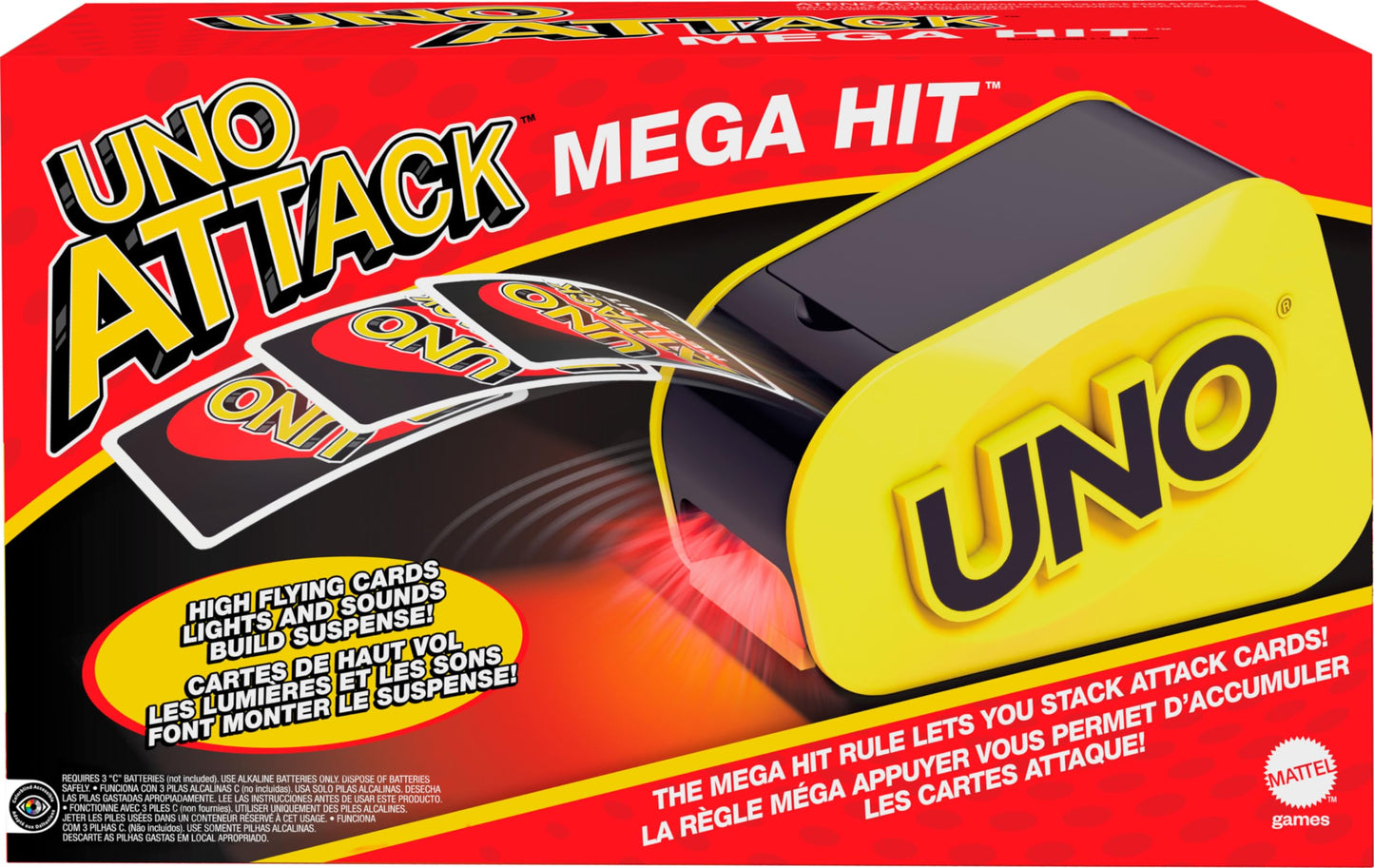 Mattel Games UNO Attack Mega Hit Card Game with Random-Action Launcher with Lights & Sounds & 112 Cards, Kid, Teen & Adult Game Night Gift Ages 7