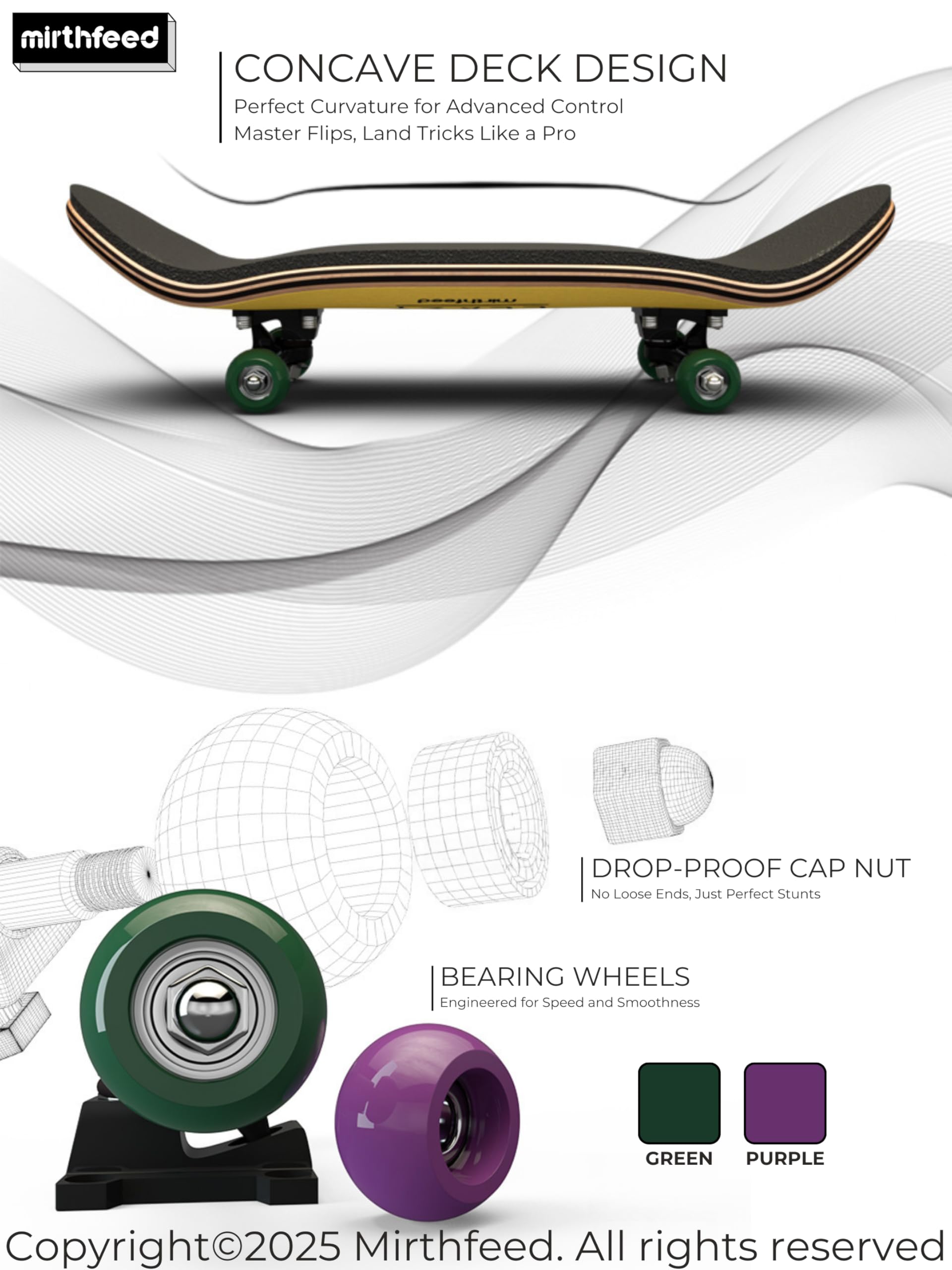 MIRTHFEED 32mm Pro Fingerboard Complete Set | Bearing Wheels | 5 Ply Maple Deck | Anti Skid Grip Tape | Complimentary Tool | Concave Shape