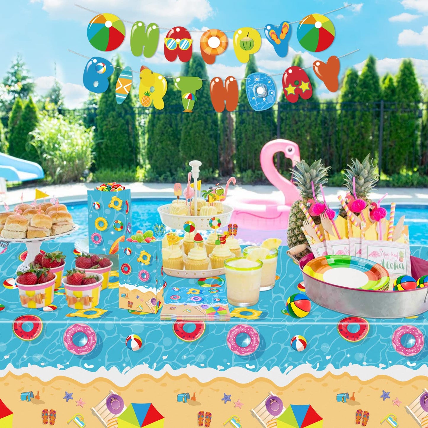 Hegbolke 4 Pack Summer Beach Tablecloths - Hawaiian Decorations Disposable Plastic Table Cover for Summer Beach Swimming Pool Birthday Baby Shower