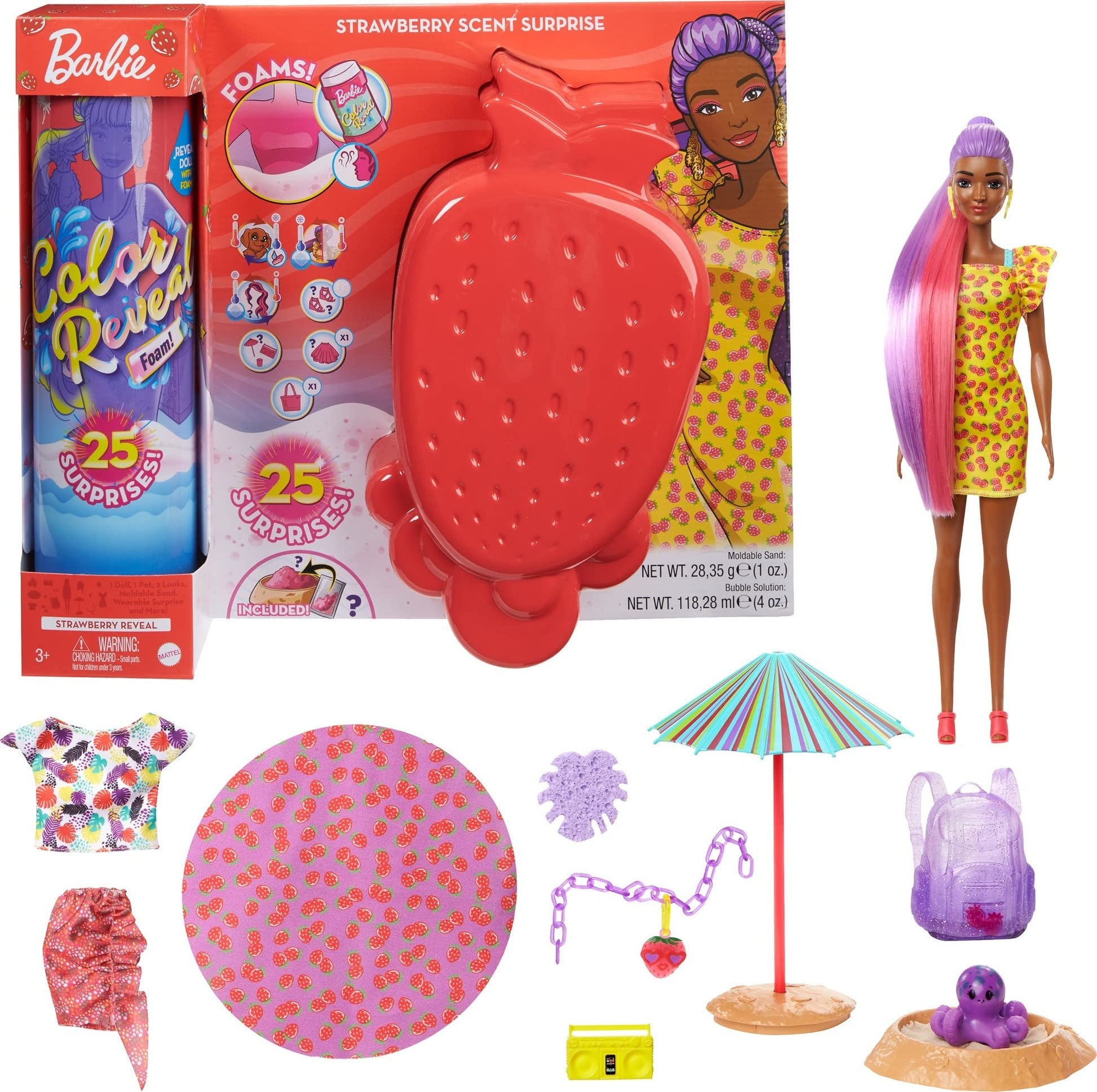 Barbie Color Reveal Foam! Doll & Pet Friend with 25 Surprises: Scented Bubble Solution, Outfits, Hair Extension, Accessories, Kid Bracelet & Charm