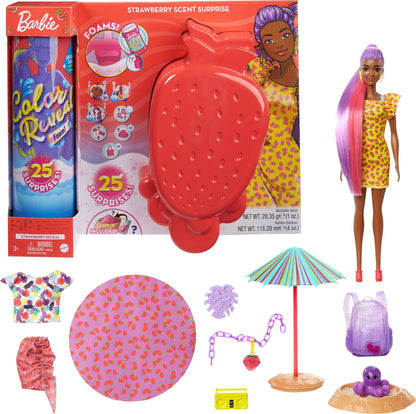 Barbie Color Reveal Foam! Doll & Pet Friend with 25 Surprises: Scented Bubble Solution, Outfits, Hair Extension, Accessories, Kid Bracelet & Charm