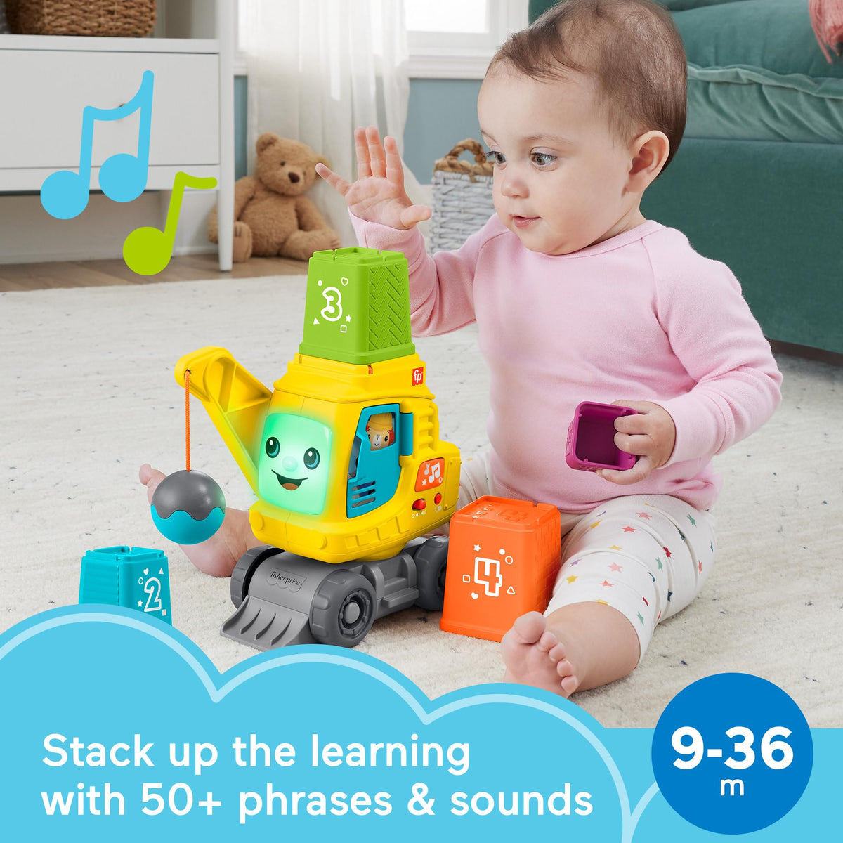 Fisher-Price Baby & Toddler Learning Toy Count & Stack Crane with Blocks, Lights, Music & Sounds for Infants Ages 9+ Months, English, UK + French +