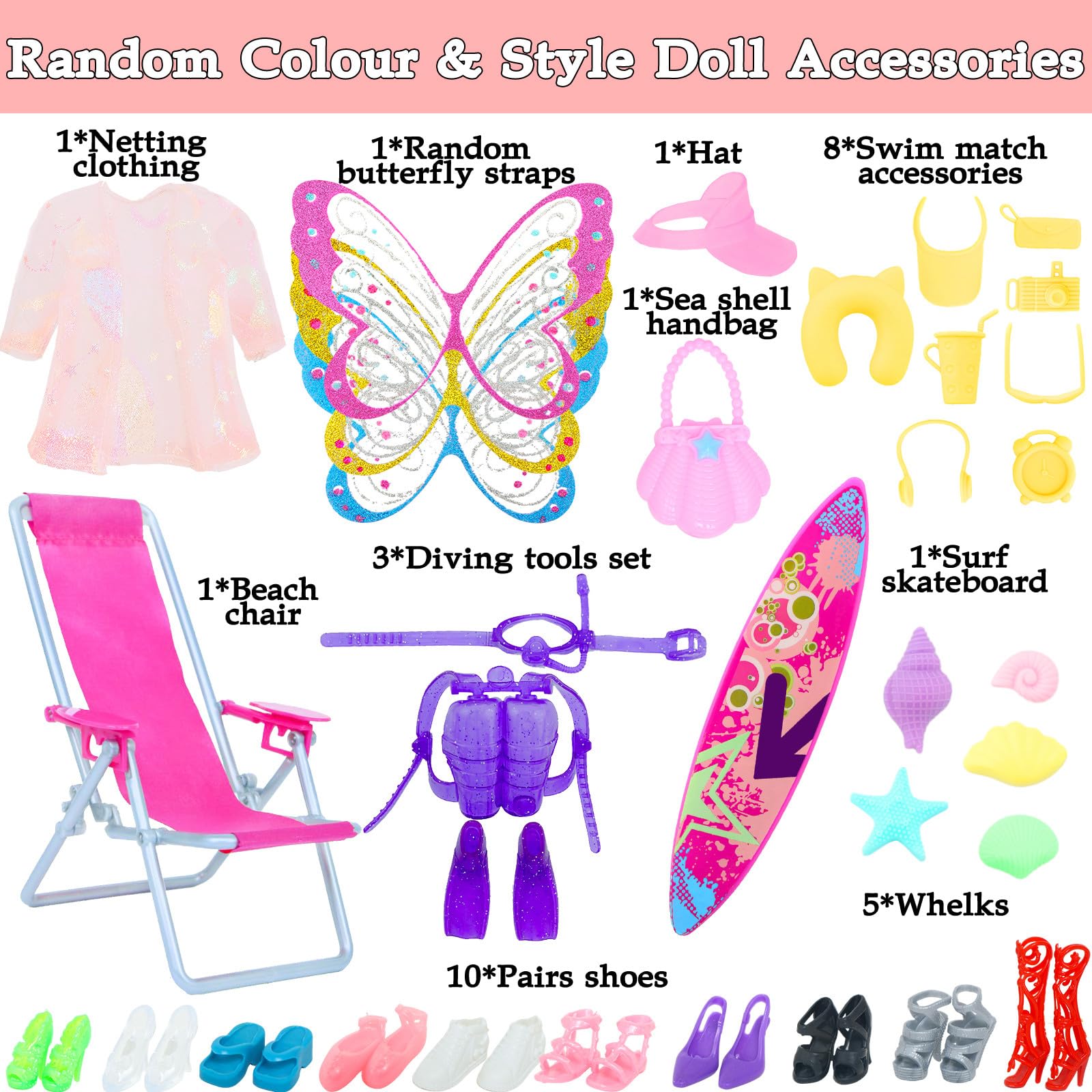 MCZQXW 40 Psc Doll Swimsuits Set, Bikini Clothes and Accessories for 11.5 inch Girl Doll Beach Bathing Outfits, Fishtail Skirt, Beach Chair