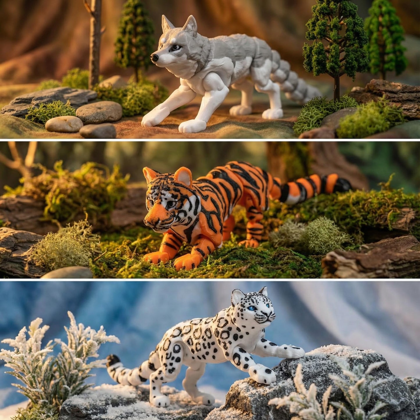 Drifvie 3PCS 6.7-7.7in 3D Printed Animal Set,Articulated Snow Leopard,Tiger & Grey Wolf Action Figures,Realistic Movable Joint Fidget Toys,Wildlife