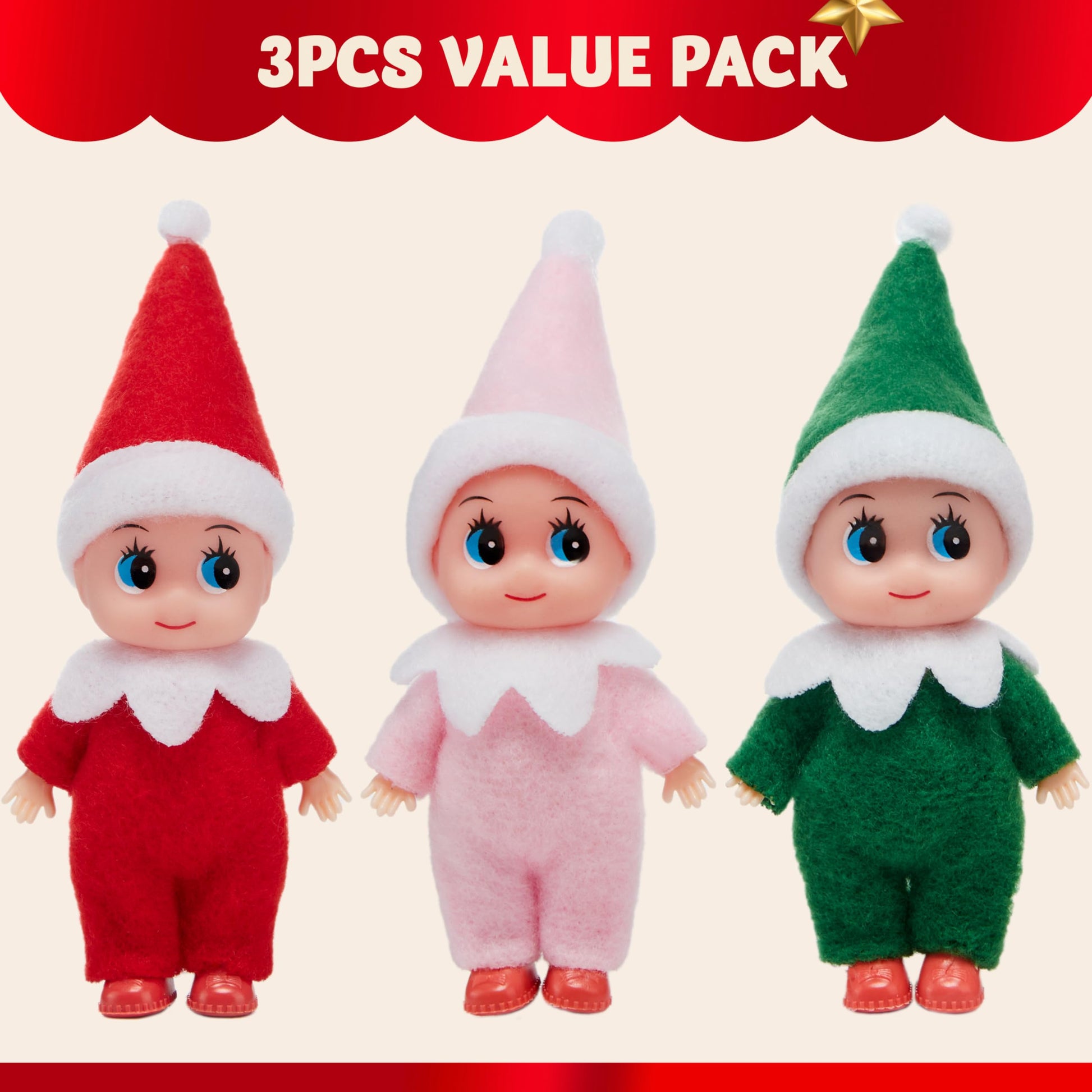 JOYIN Christmas 3PCS Tiny Elf Doll Christmas with 1 red,1 Green and 1 Pink elf Doll,Holiday Decoration Accessories Tiny Gift for Girls Boys Kids