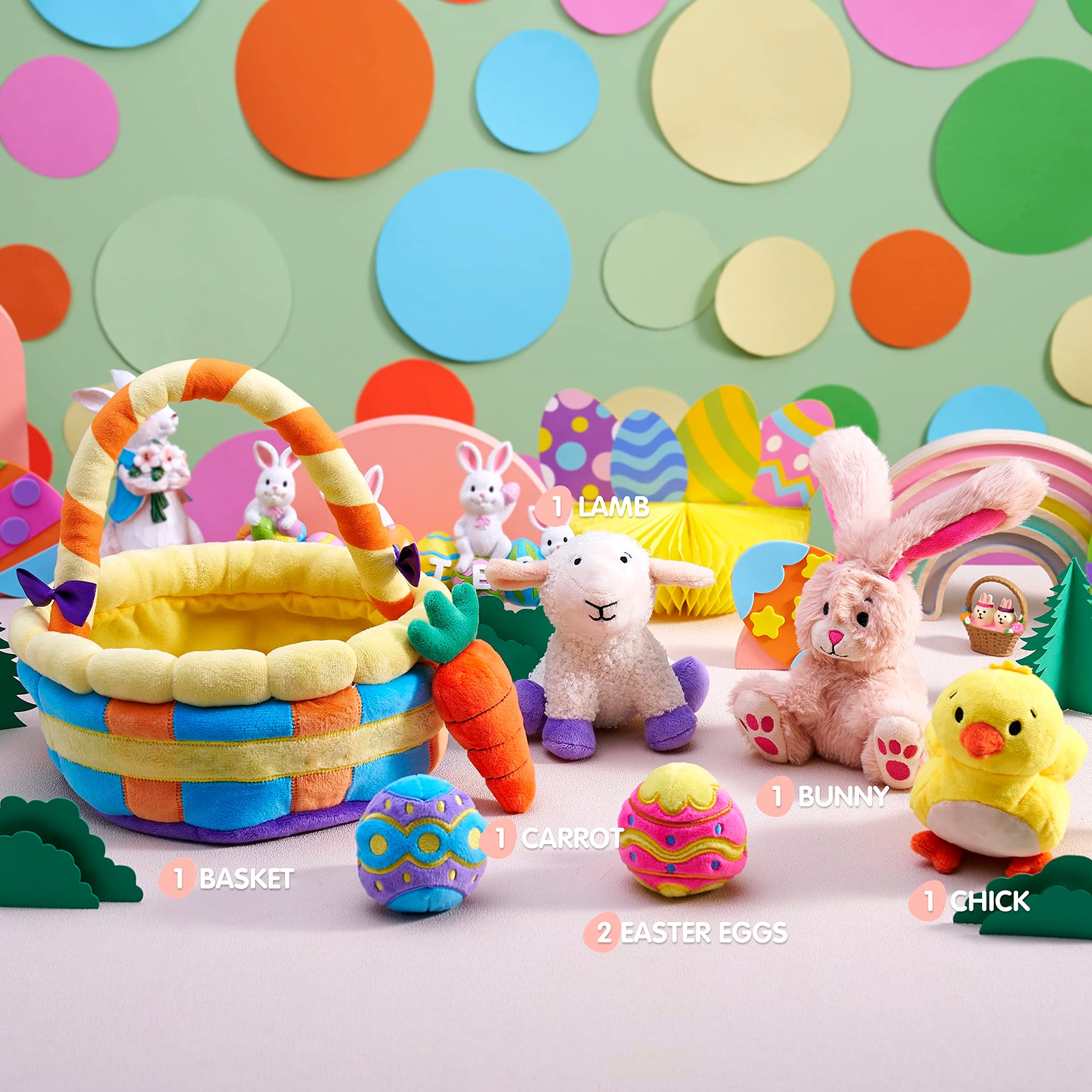 JOYIN 7 PCS Easter Basket Plush Playset Stuffers with Lamb Bunny Chick Carrot Egg Toys, Easter Party Favors Decorations Gifts Supplies for Baby Girls