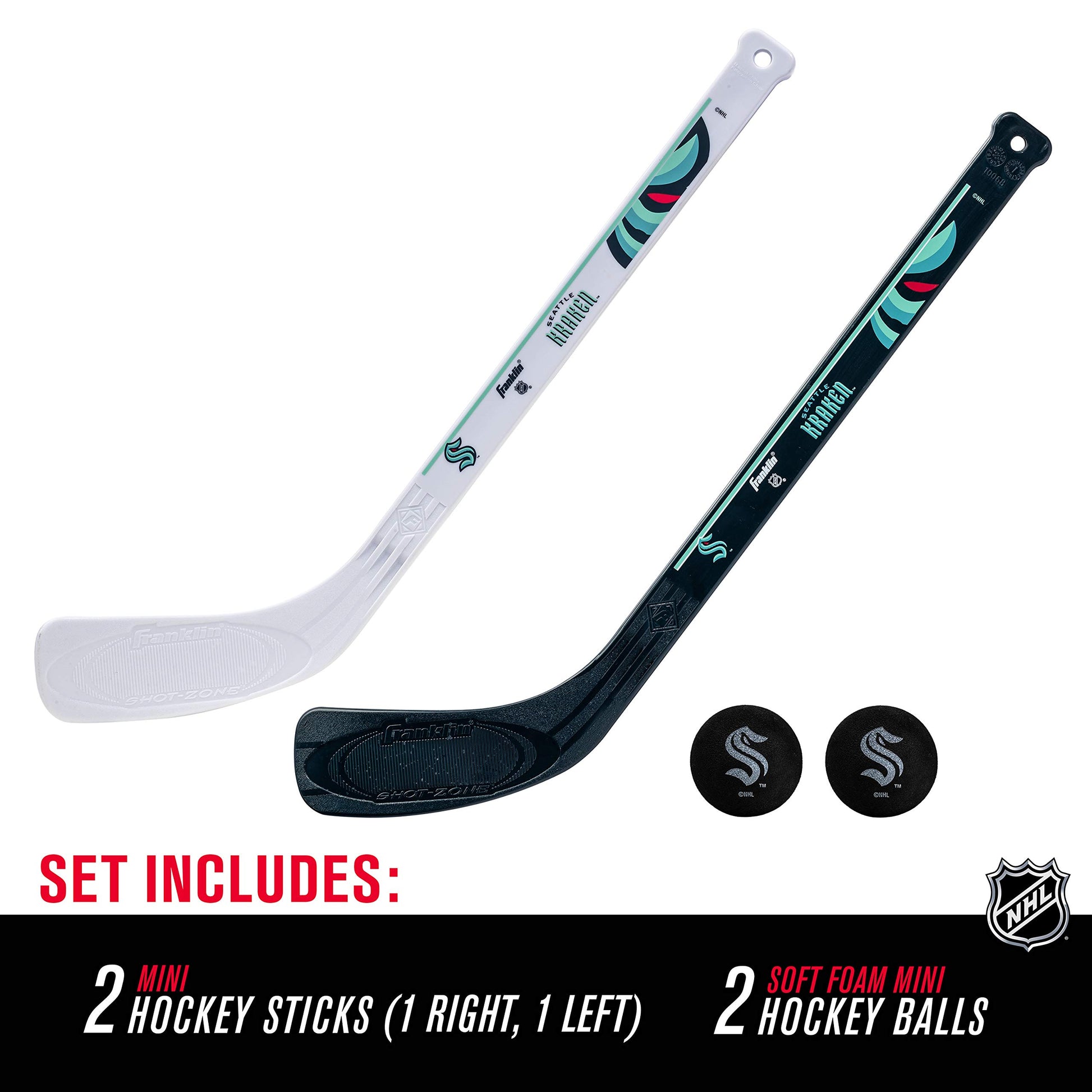 Franklin Sports Seattle Kraken NHL Mini Hockey Stick Set - NHL Team Knee Hockey Stick and Ball Set - Two Player Stick Set - Great Toy for Kids