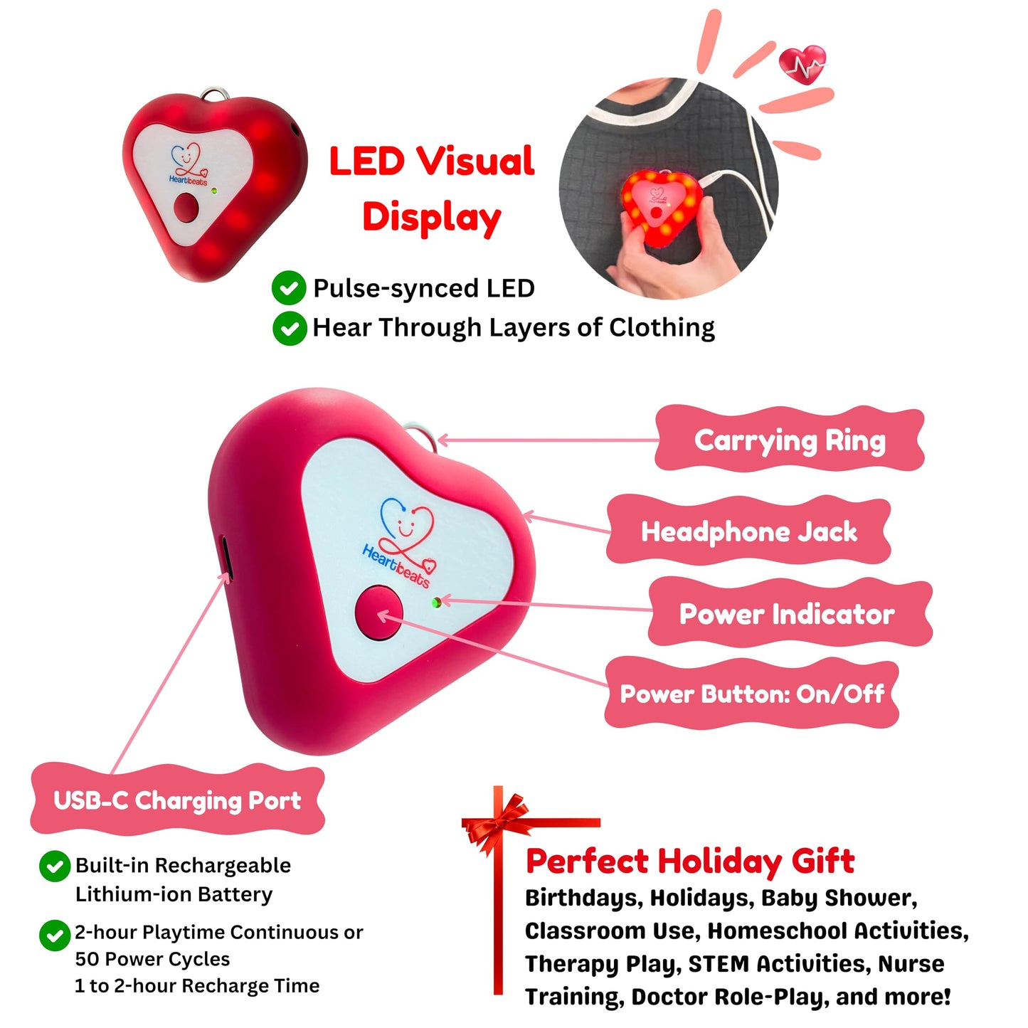 Heartbeats Electronic Stethoscope Toy with LED Display & 10X Sound Amplification, Real Working Stethoscope - STEM Medical Learning Toy Boys & Girls