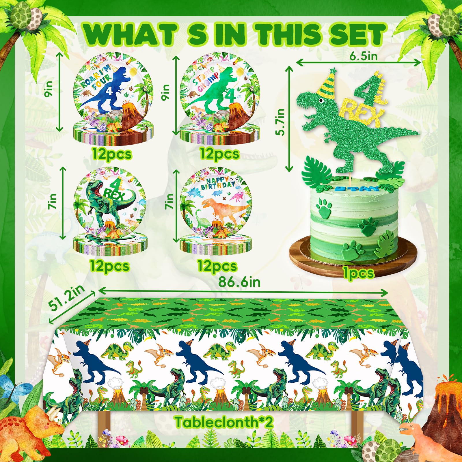 148ps Roar I’m Four Dinosaur 4th Birthday Decorations Boy Dinosaur 4th Bday Tableware Jungle T-rex 4 Rex Dino Plates Napkins Cups Banner Tablecloth