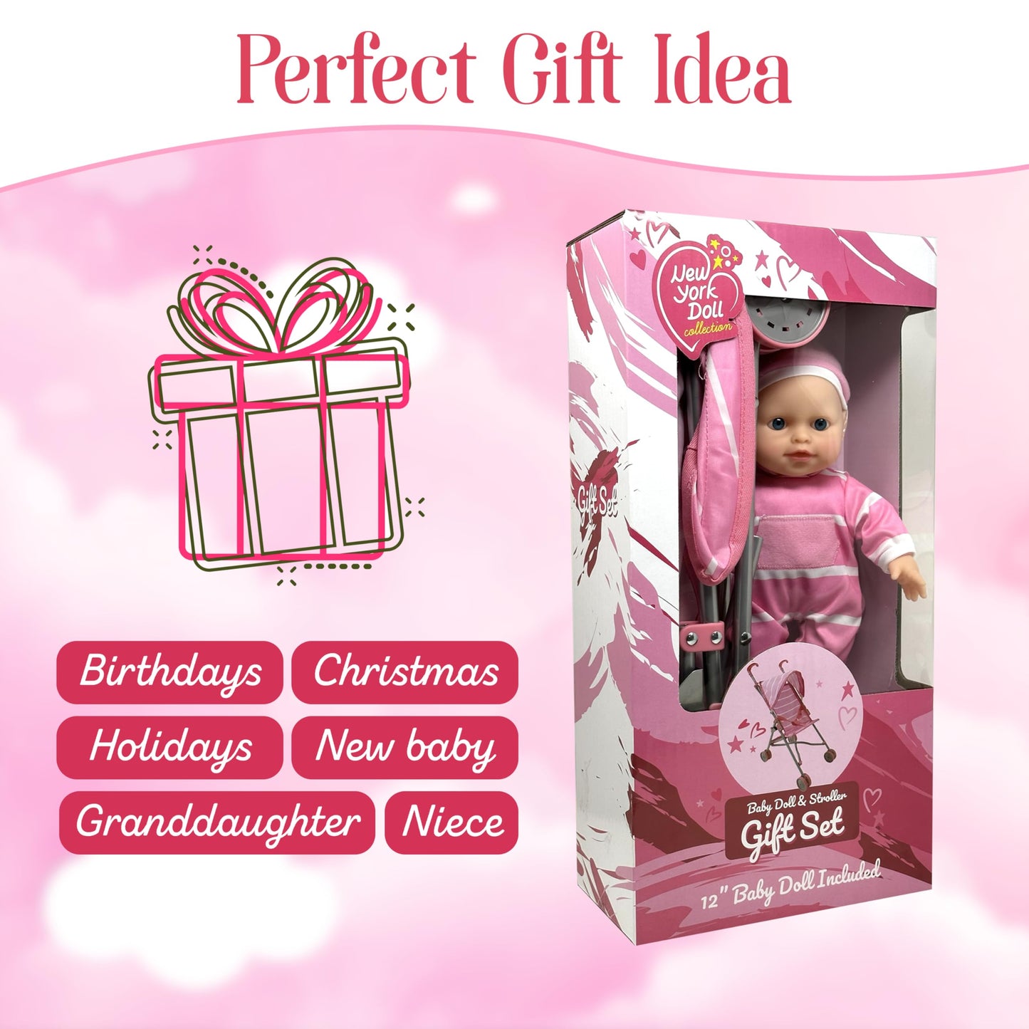 Baby Doll with Stroller Set - 12" Baby Doll with Pacifier Gift Set - Pink Fabric Baby Stroller Toy for Kids - Foldable Play Stroller for Dolls