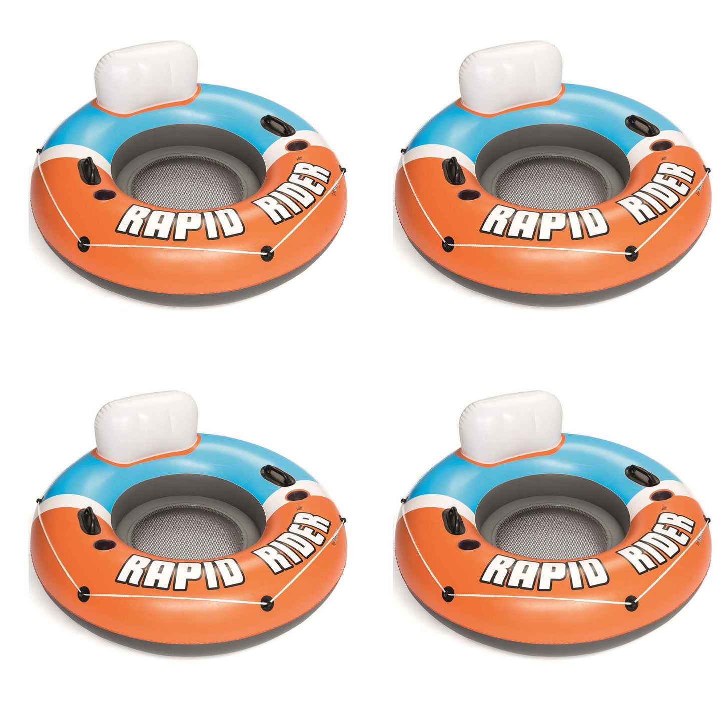 Bestway CoolerZ Rapid Rider Inflatable Blow Up Pool Chair Round Inner Tube with Cupholders, Handles, and All-Around Grab Rope, Orange (4 Pack)