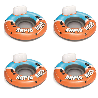 Bestway CoolerZ Rapid Rider Inflatable Blow Up Pool Chair Round Inner Tube with Cupholders, Handles, and All-Around Grab Rope, Orange (4 Pack)
