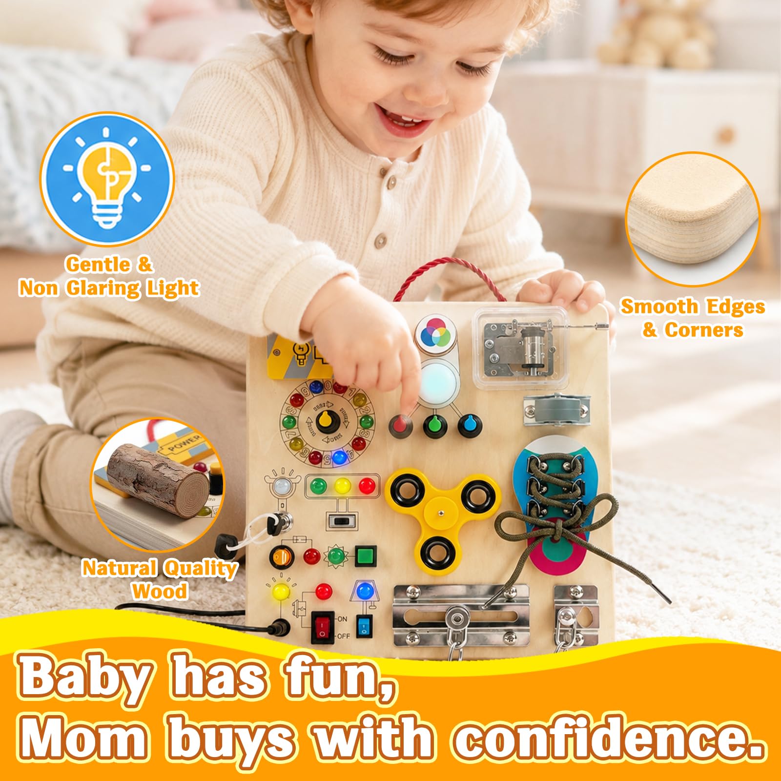 Busy Board with LED Light Switches, Montessori Toys for Toddlers 1-3, Wooden Sensory Activity Board, Travel Learning Toy for Boys & Girls, Educational