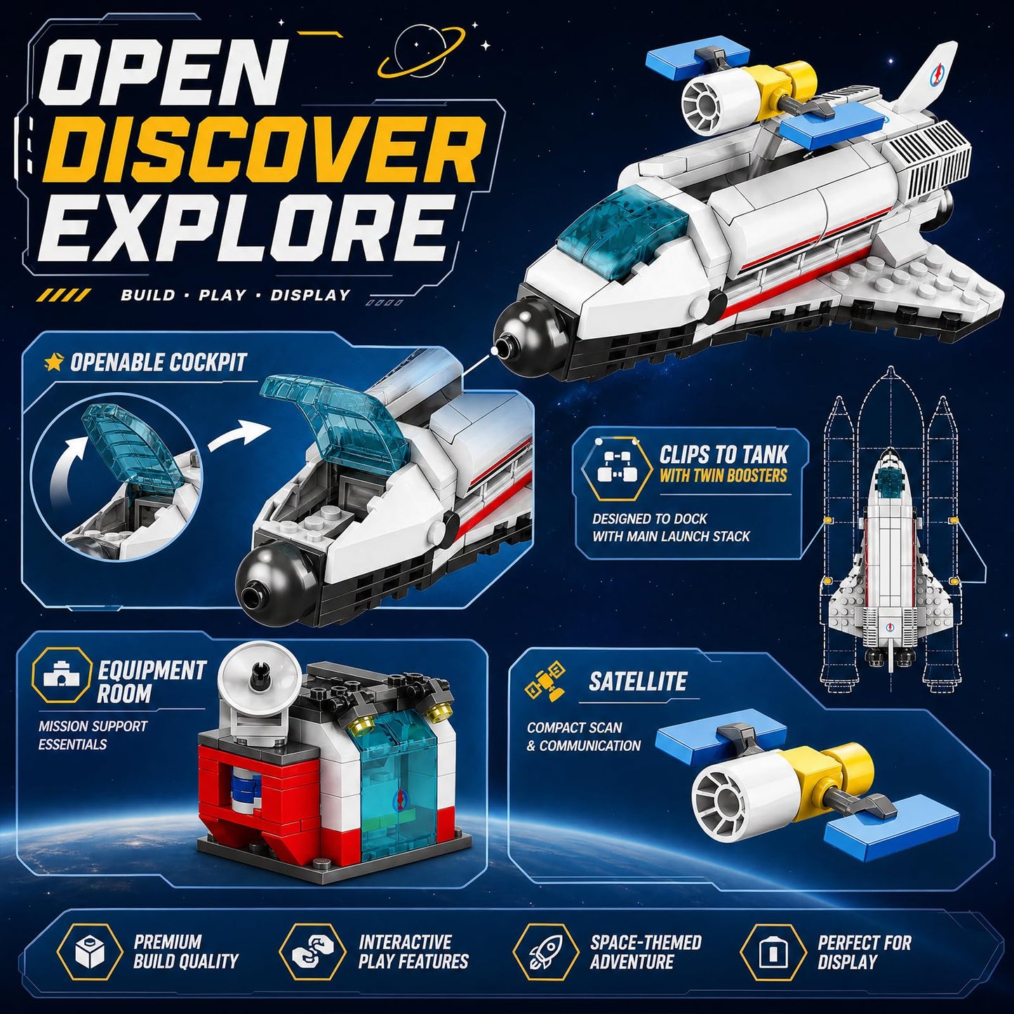 FNSJFYZS Space Shuttle Launch Center Building Blocks Set, Rocket Launch Base Model with Orbiter, Satellite, Rover & Radar Station, Aerospace