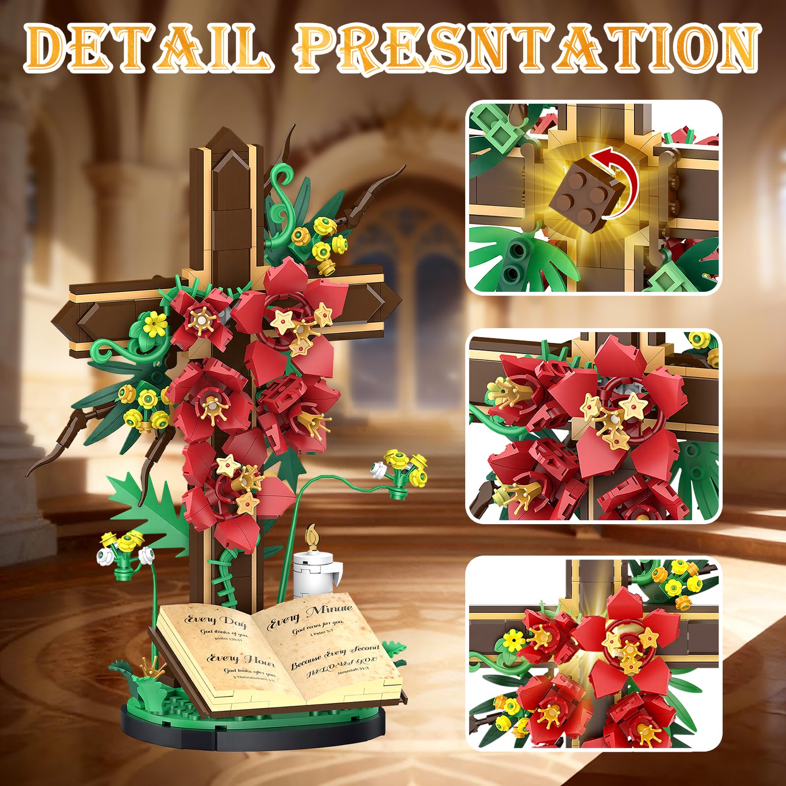 Jesus Cross Flower Building Set, Religious Cross Collectibles Jesus Catholic Building Toys, Christian Crucifix Floral Decor Display, Easter