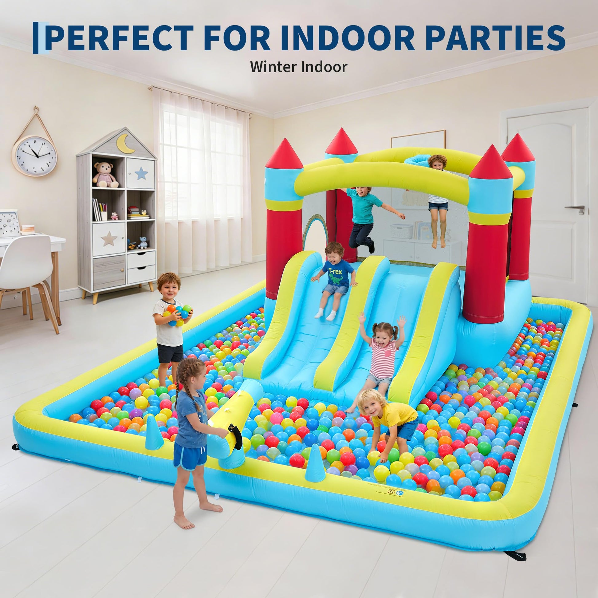 Inflatable Bounce House Water Slide, 7-in-1 Double Slide Bouncy Castle with 350W Blower, Kids Outdoor Backyard Play Center with Jumping Area, Water