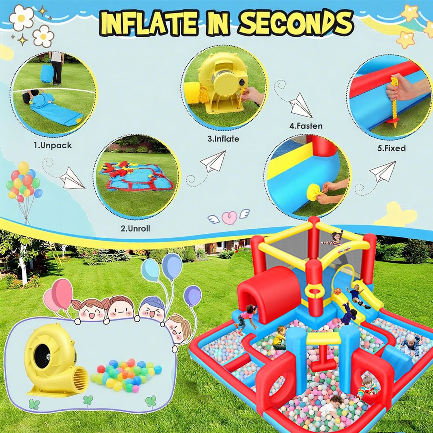 Whubefy Inflatable Water Slide, Bounce House Obstacle Course, 8 in 1 Waterslide Bounce House for Kids 14.3x14.3 FT Multi Jumping House with Jump Area