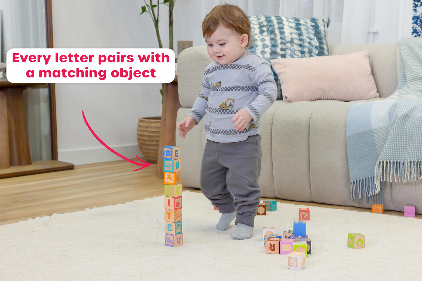 Jasey's Toy Chest 26-Piece Wooden ABC Block Set - Uppercase Letters, Numbers & Animal Matching - Chunky Wooden Blocks for Toddlers Ages 12+ Months