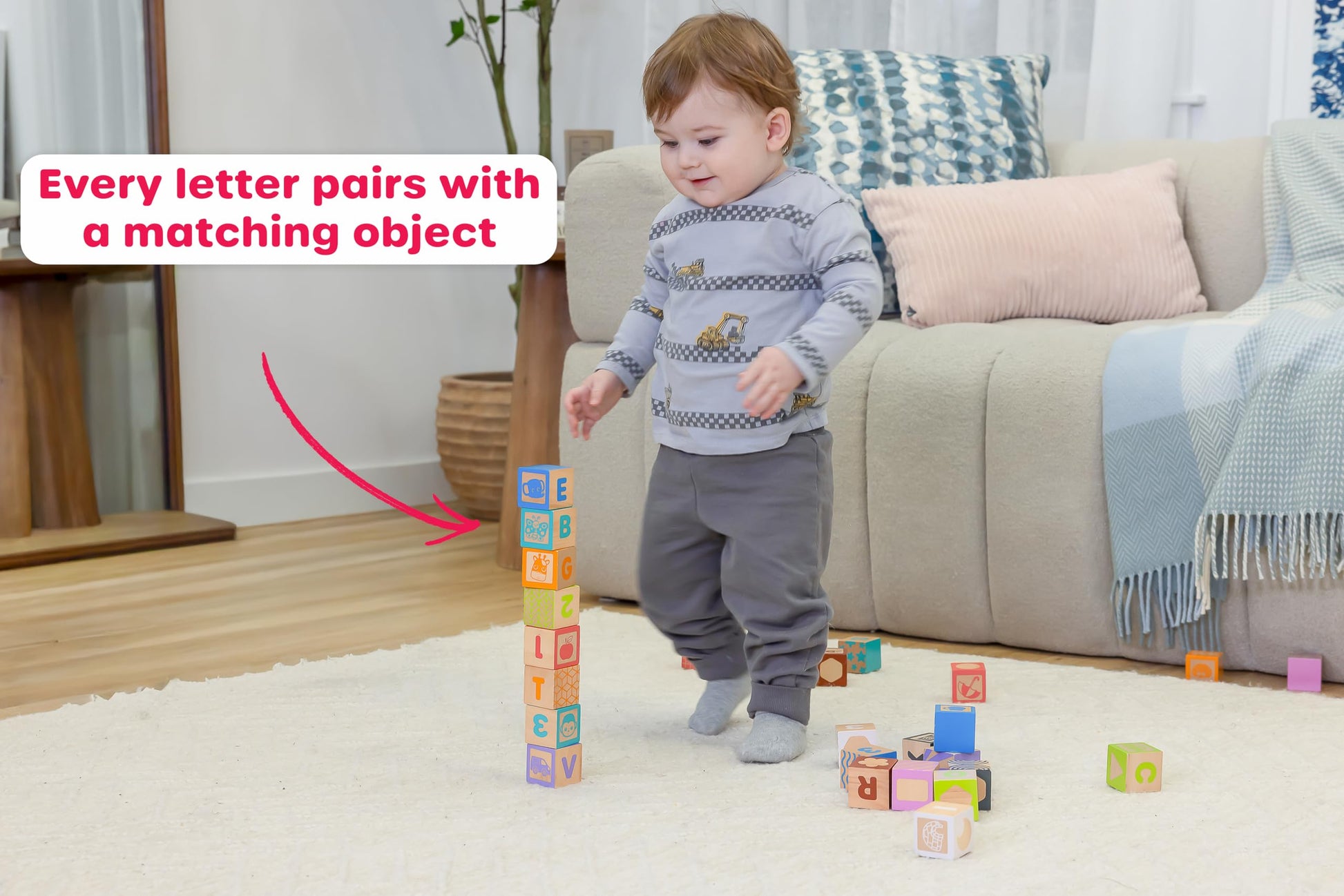 Jasey's Toy Chest 26-Piece Wooden ABC Block Set - Uppercase Letters, Numbers & Animal Matching - Chunky Wooden Blocks for Toddlers Ages 12+ Months