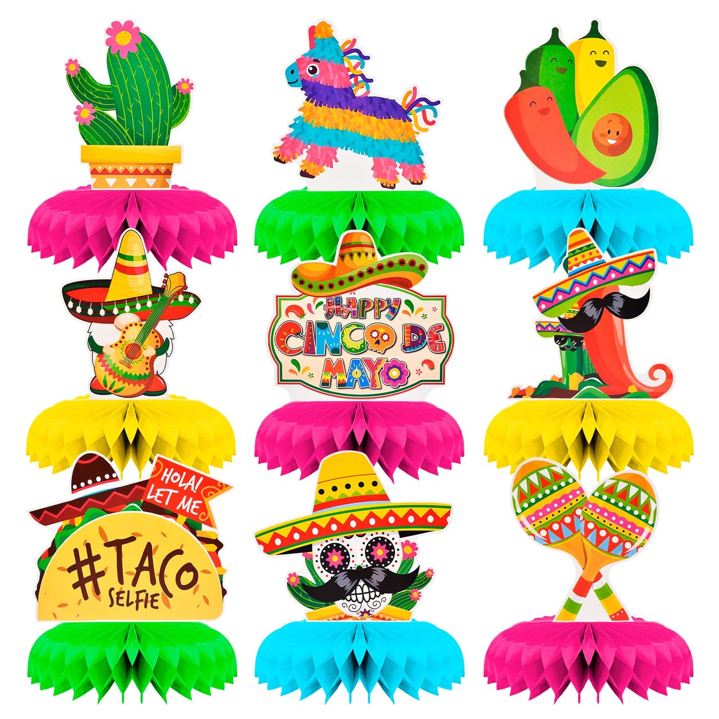 9 Pieces Cinco de Mayo Festival Honeycomb Centerpieces Table Decor, Mexican Fiesta Vibrant Cactus, Piñata, Taco and Sombrero Pattern Table Topper