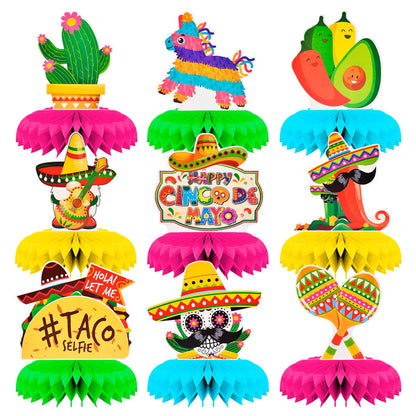 9 Pieces Cinco de Mayo Festival Honeycomb Centerpieces Table Decor, Mexican Fiesta Vibrant Cactus, Piñata, Taco and Sombrero Pattern Table Topper