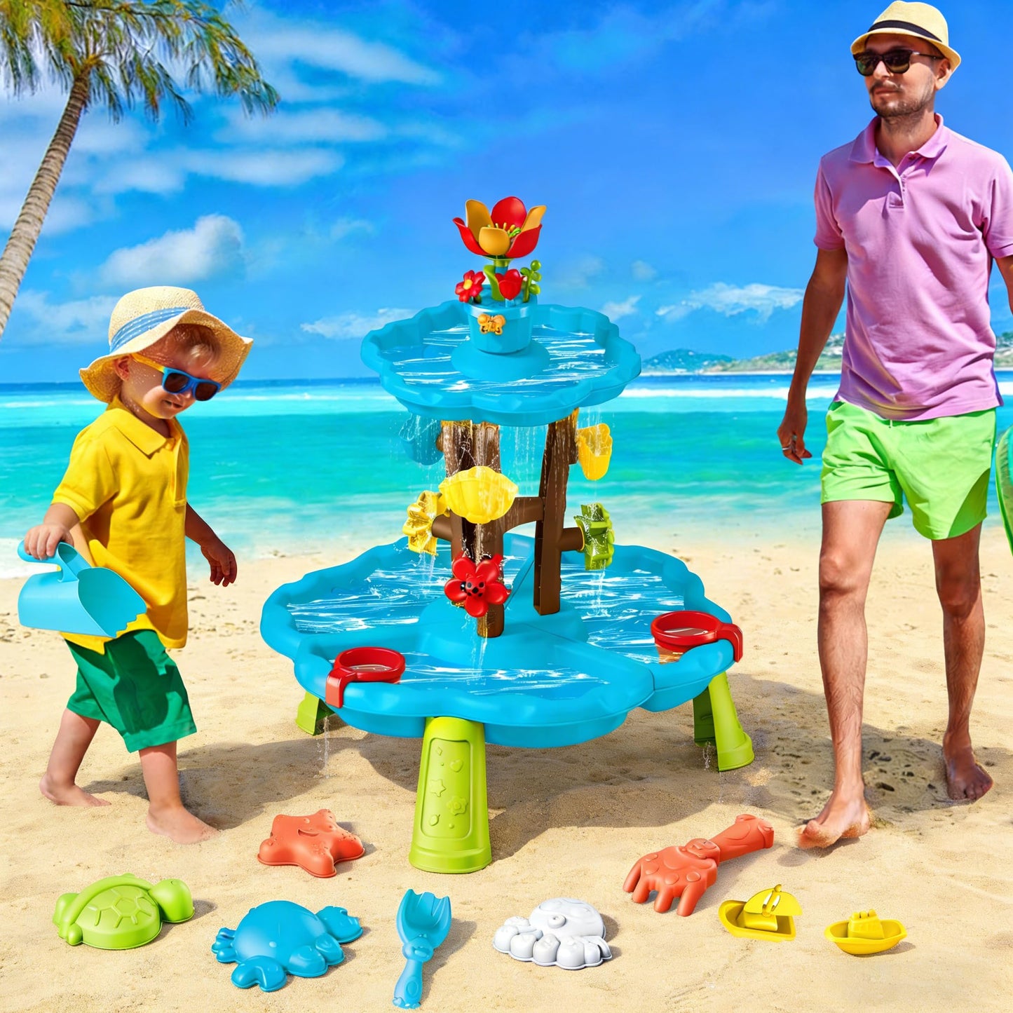 Linkowin Kids Flower Water Sand Table for Toddlers, 2 Tier Kids Outdoor Water Sand Play Table Toys, Splash Sensory Table for Summer Beach Activity
