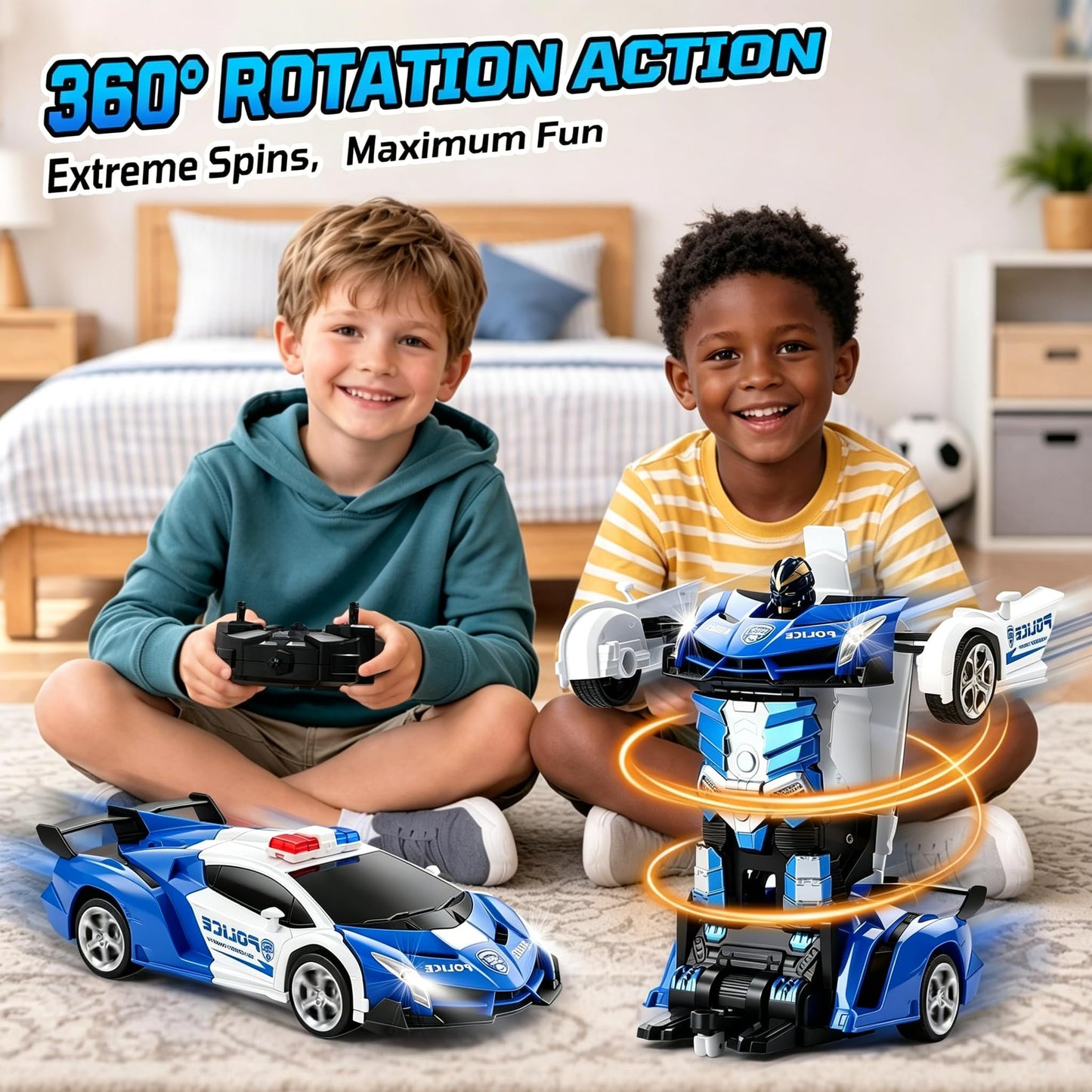FIGROL Police Transformer Car, 2.4GHz Remote Control Police Car, One-Key Auto Transform, Dual Rechargeable Batteries, 360° Rotation, LED Lights Toy