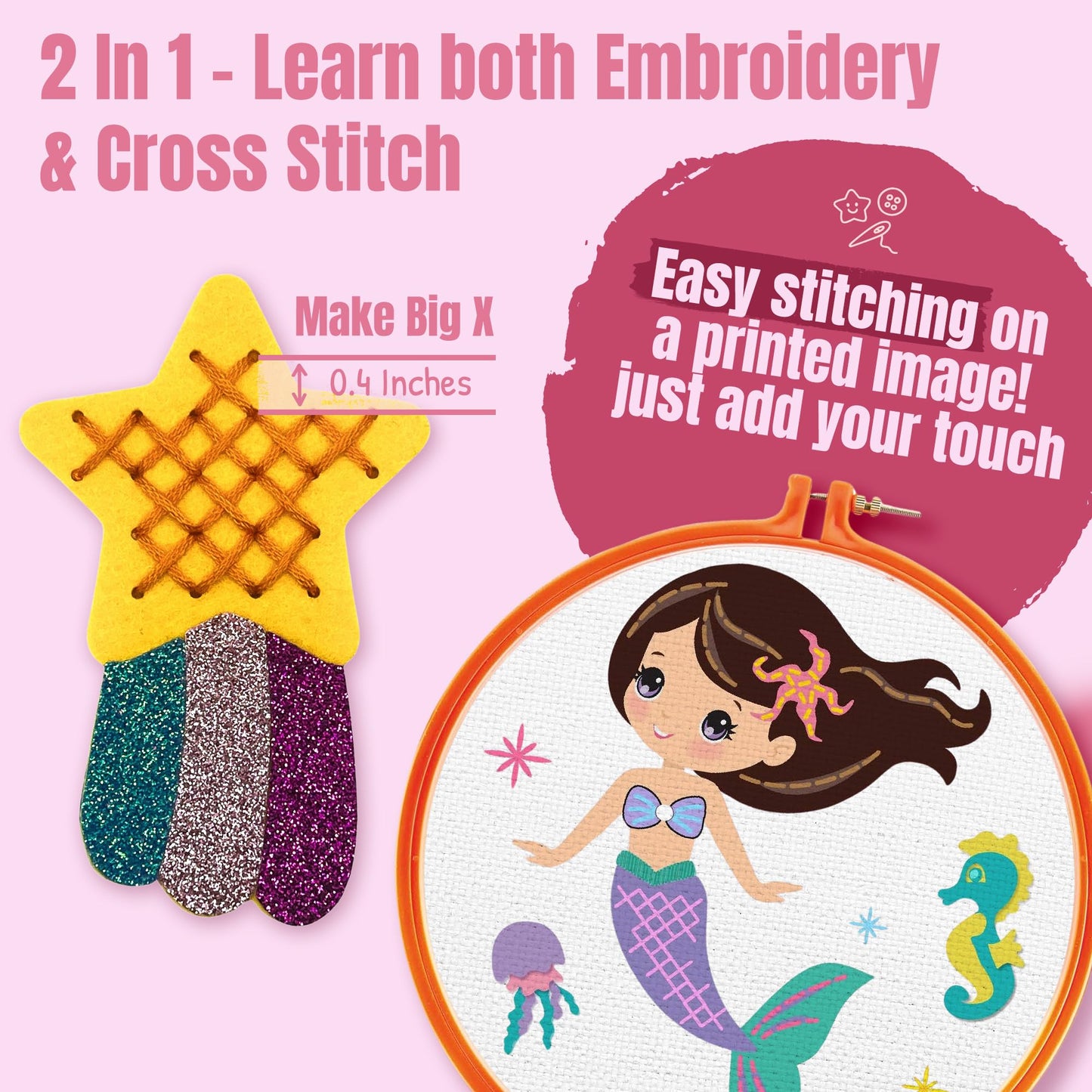 CRAFTILOO 2 in1 Cross Stitch & Embroidery Kit for Kids Ages 6+ Make 8 Projects Backpack Charms, Keyring, Doll, Wall Art, Unicorn Pillow & Card Holder
