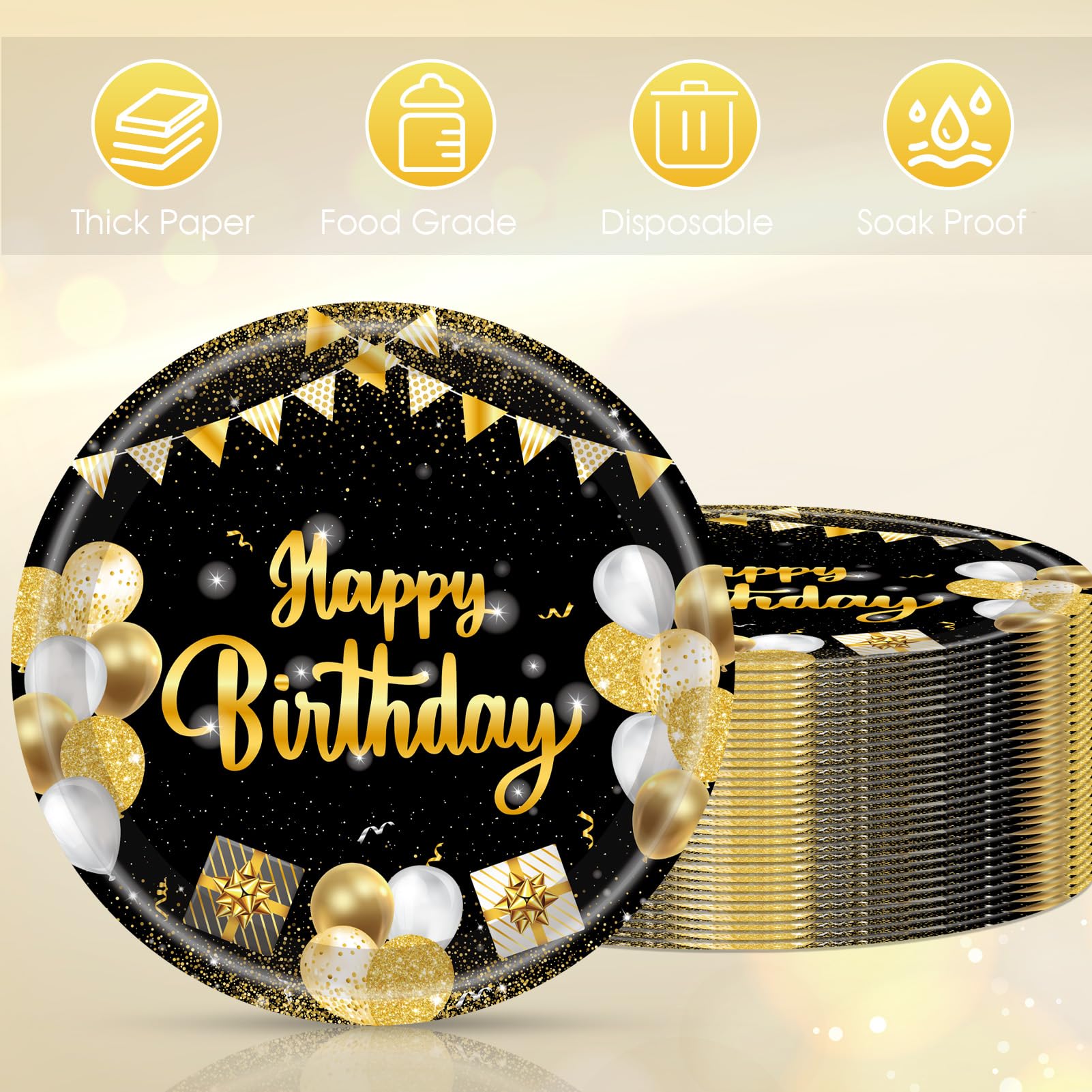 Cekivina 20Pcs Birthday Plates 9 Inch Large Paper Plates Black and Gold Party Tableware Dinner Plate Set, for Boys Girls Women Men Happy Birthday