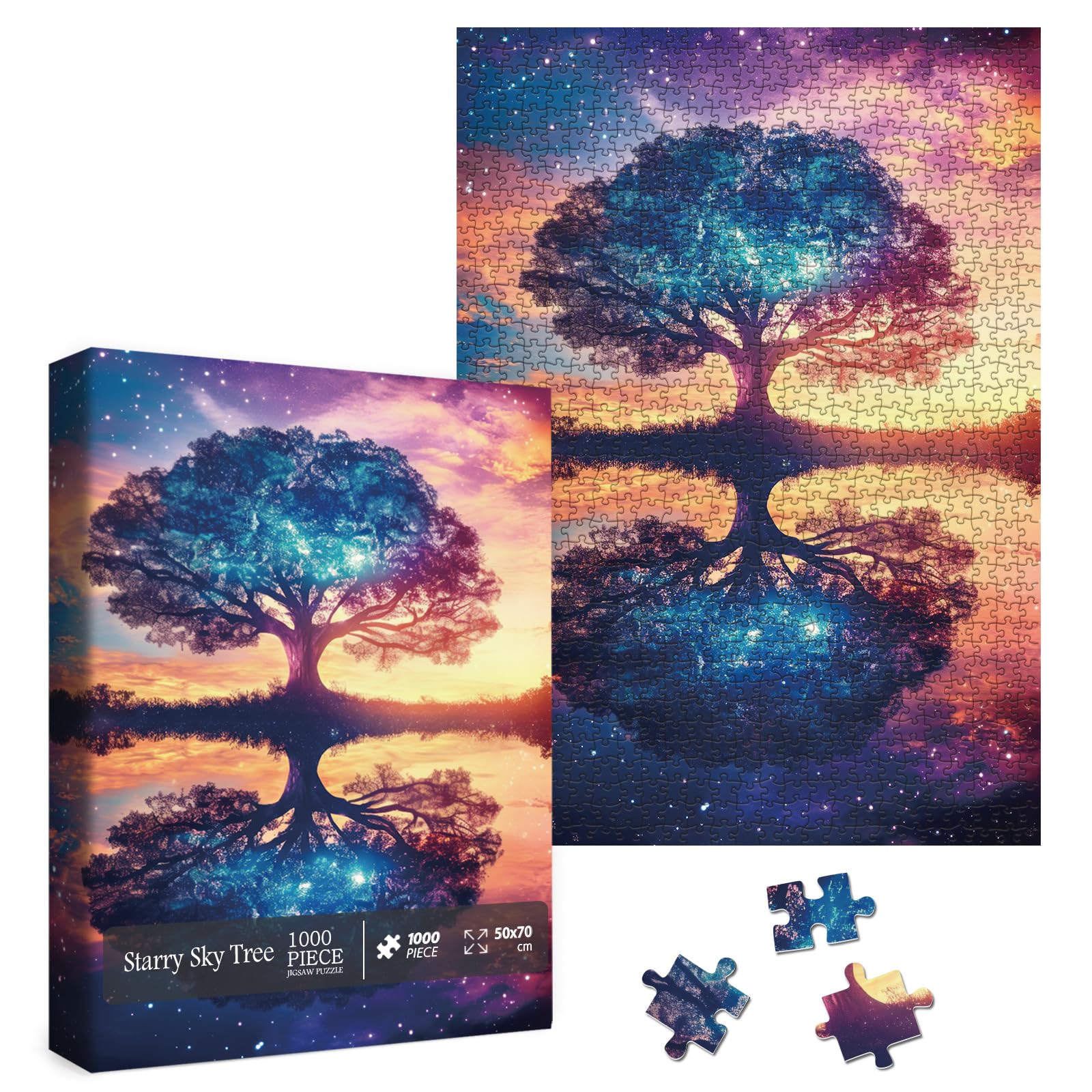 Larkipuzz Colorful Starry Night Tree Jigsaw Puzzle 1000 Piece for Adult, Beautiful Galaxy Nature Landscape Jigsaw Puzzles, Aesthetic Plant Pretty