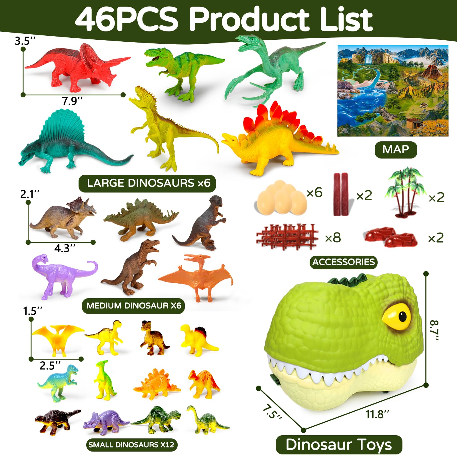 Ximoeo 46PCS Dinosaur Toys for Kids 3-5 5-7 Realistic Dinosaurs Figures Dino Eggs Trees Fence Playset Mat Large Dinosaur Head Accessories Dino World
