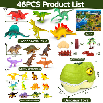 Ximoeo 46PCS Dinosaur Toys for Kids 3-5 5-7 Realistic Dinosaurs Figures Dino Eggs Trees Fence Playset Mat Large Dinosaur Head Accessories Dino World