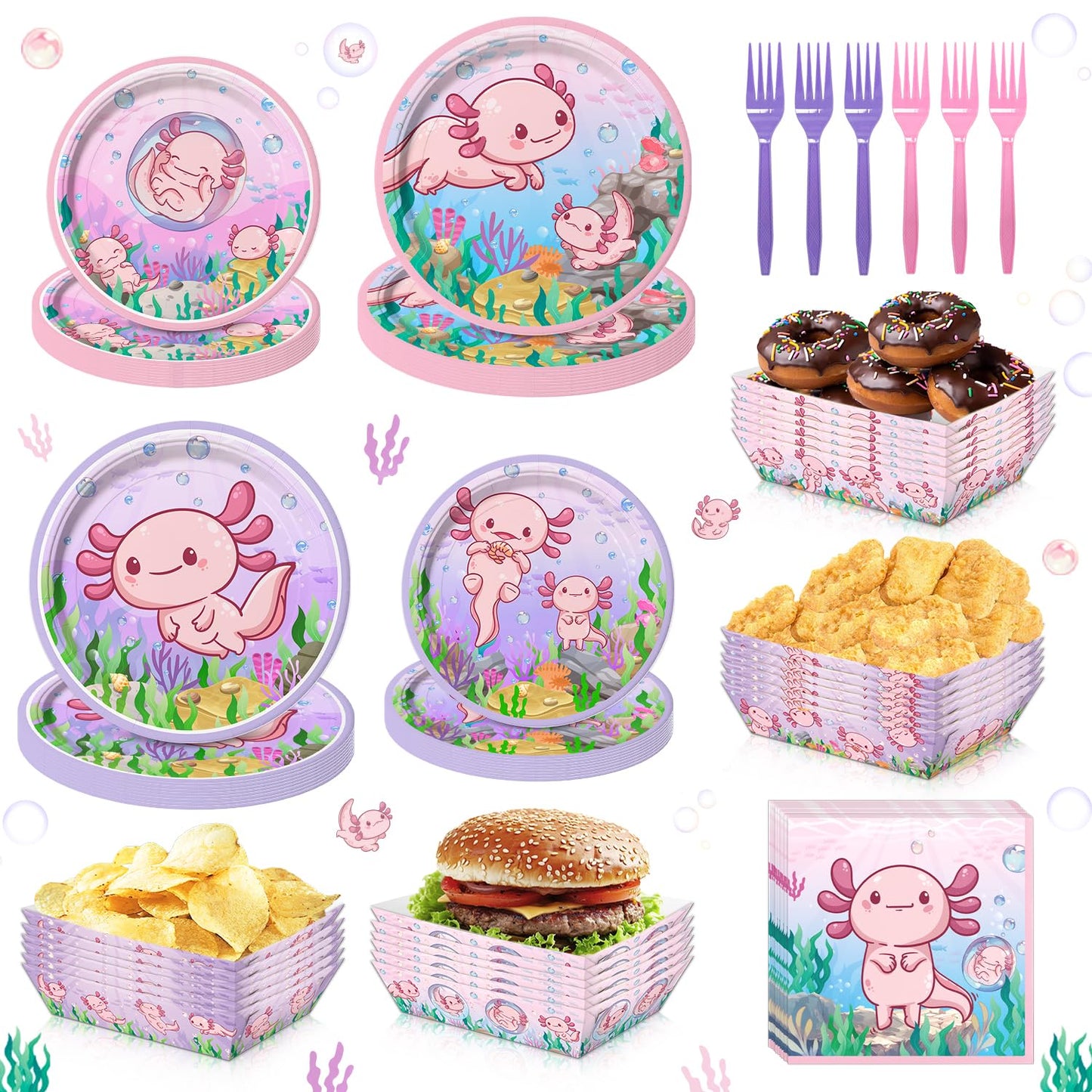 100PCS Pink Cartoon Axolotl Birthday Party Decorations, Axolotl Party Supplies Plates and Napkins Set, Axolotl Theme Paper Food Trays Large Food