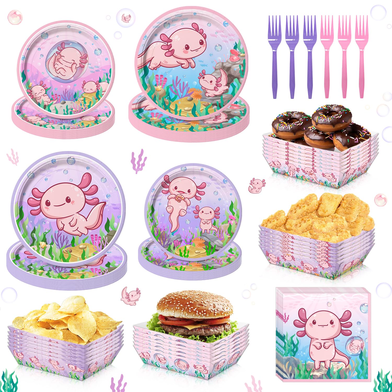 100PCS Pink Cartoon Axolotl Birthday Party Decorations, Axolotl Party Supplies Plates and Napkins Set, Axolotl Theme Paper Food Trays Large Food