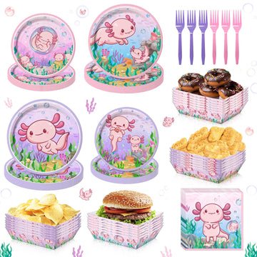 100PCS Pink Cartoon Axolotl Birthday Party Decorations, Axolotl Party Supplies Plates and Napkins Set, Axolotl Theme Paper Food Trays Large Food