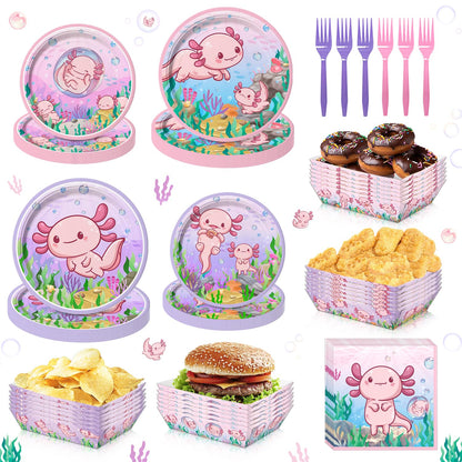 100PCS Pink Cartoon Axolotl Birthday Party Decorations, Axolotl Party Supplies Plates and Napkins Set, Axolotl Theme Paper Food Trays Large Food