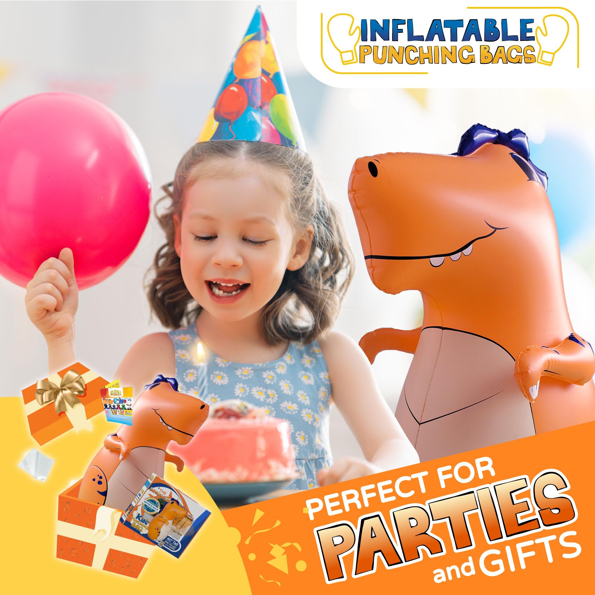 INFLATABLE DUDES Orange Dinosaur Toy 40” - Kids Punching Bag | Sand-Base