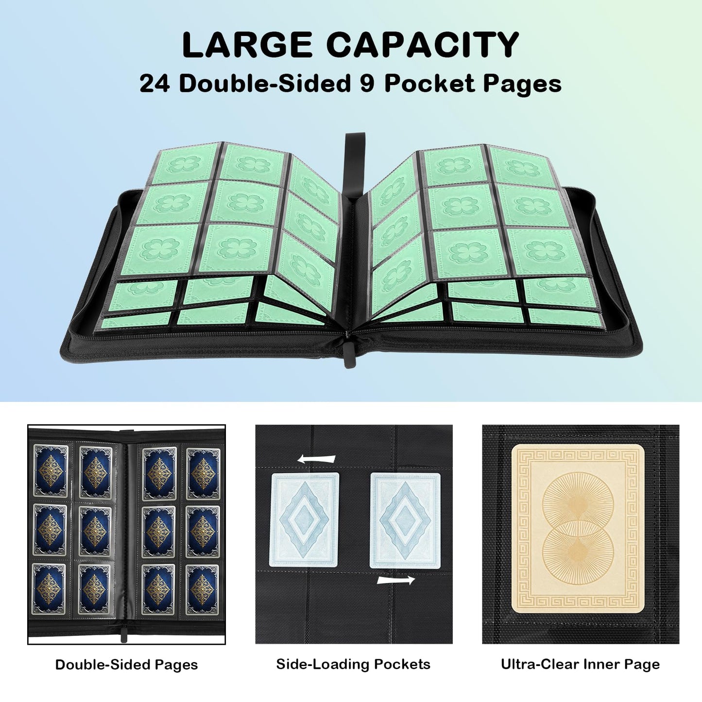 Prilino Ringless Trading Card Binder, 9 Pocket, 432 Storage Capacity, Green
