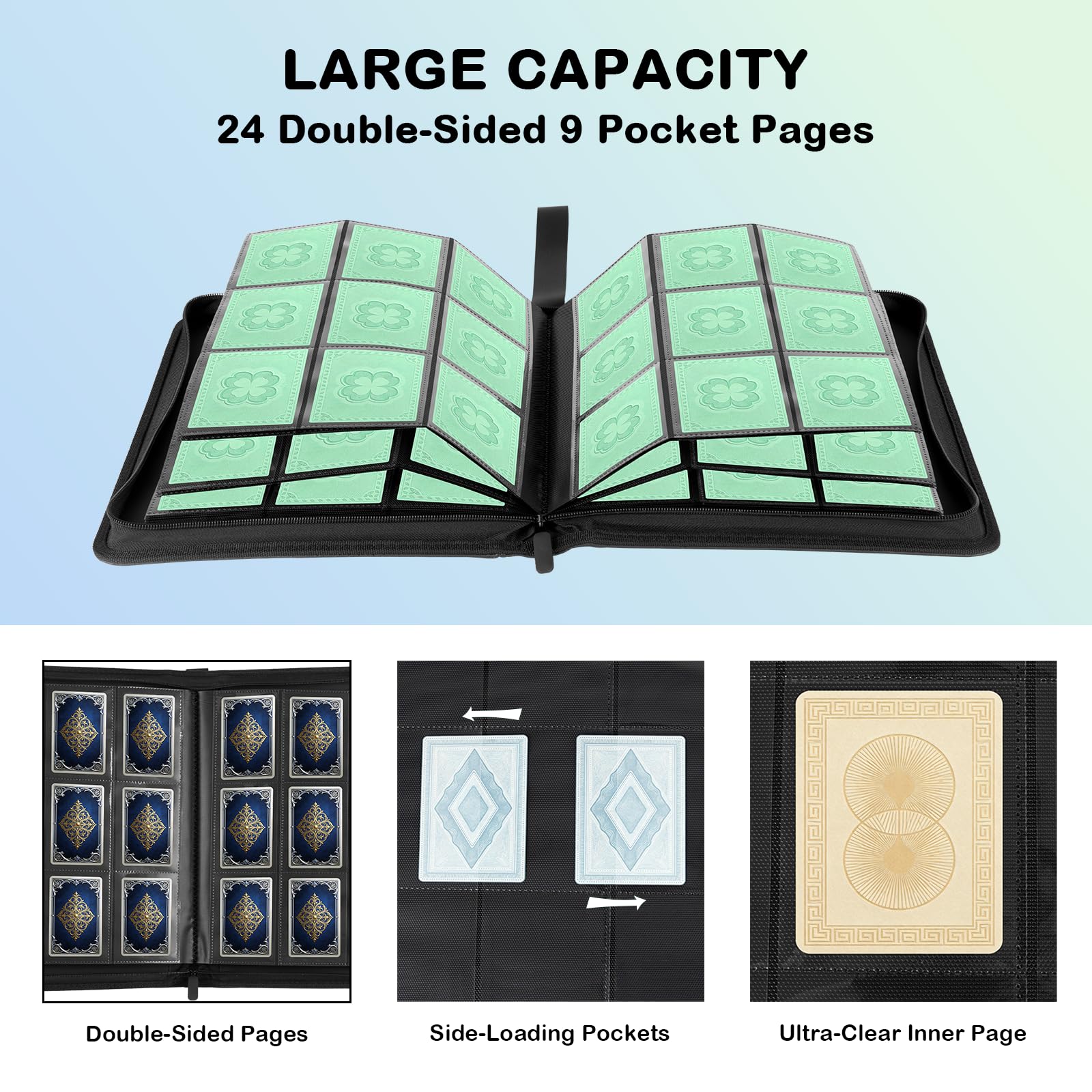 Prilino Ringless Trading Card Binder, 9 Pocket, 432 Storage Capacity, Green