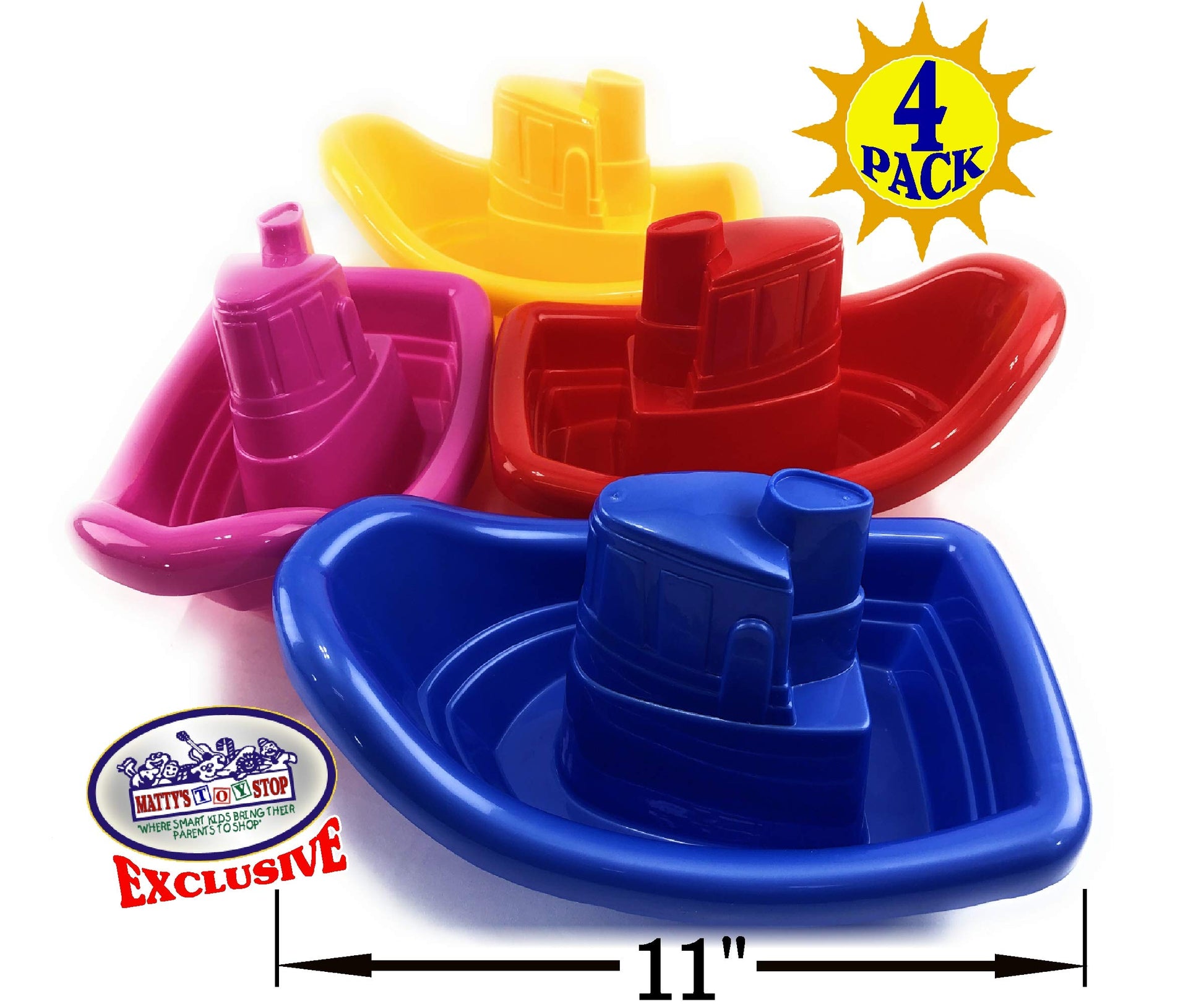 Matty's Toy Stop Plastic Nesting/Stacking Tug Boats (11") Red, Blue, Pink & Yellow Gift Set Bundle, Perfect for Bath, Pool, Beach Etc. - 4 Pack