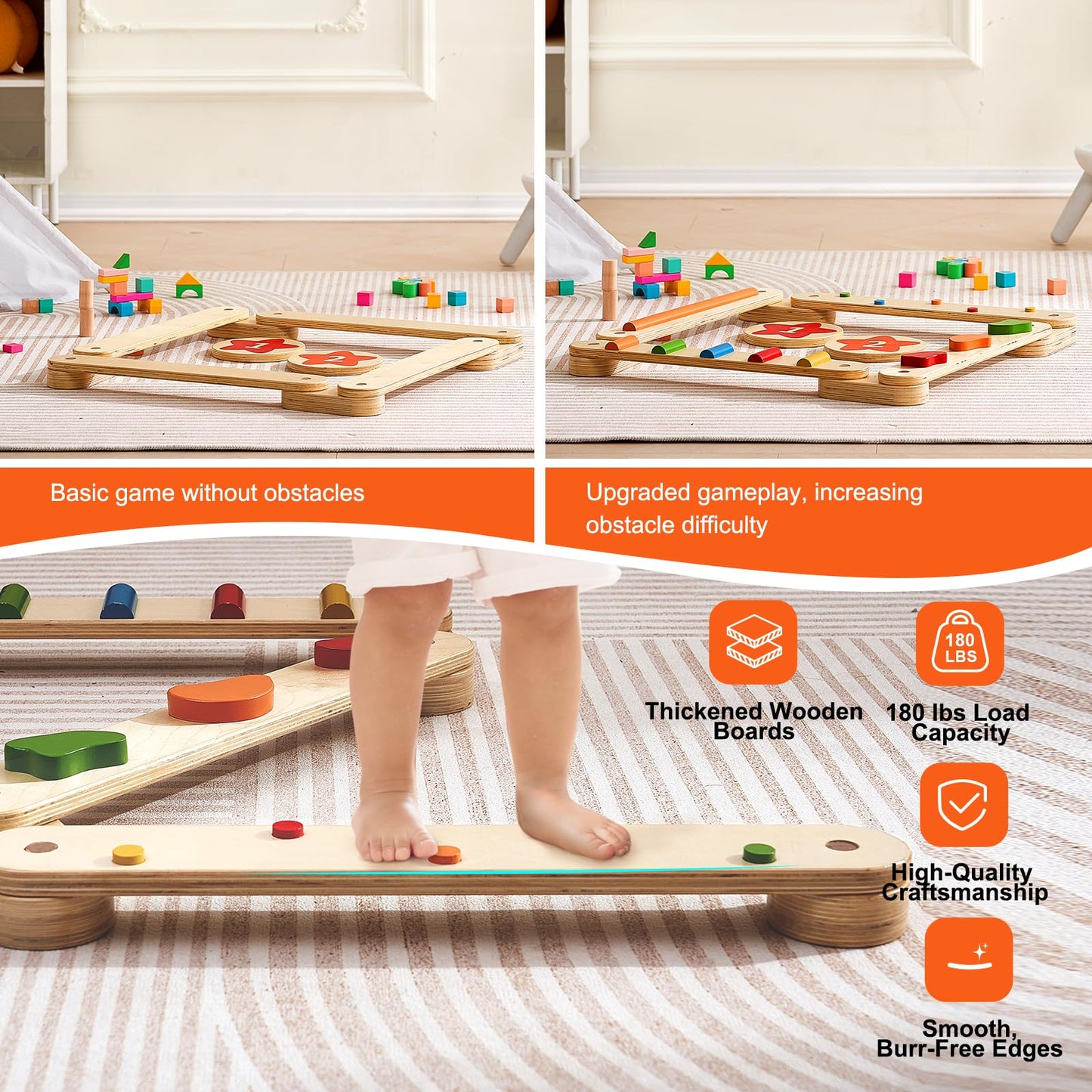 VEVOR Balance Beam Stepping Stones, 6 PCS Wooden Toddler Balance Boards, Montessori Toy for Kids 3-6, Build Coordination and Gross Motor Skills
