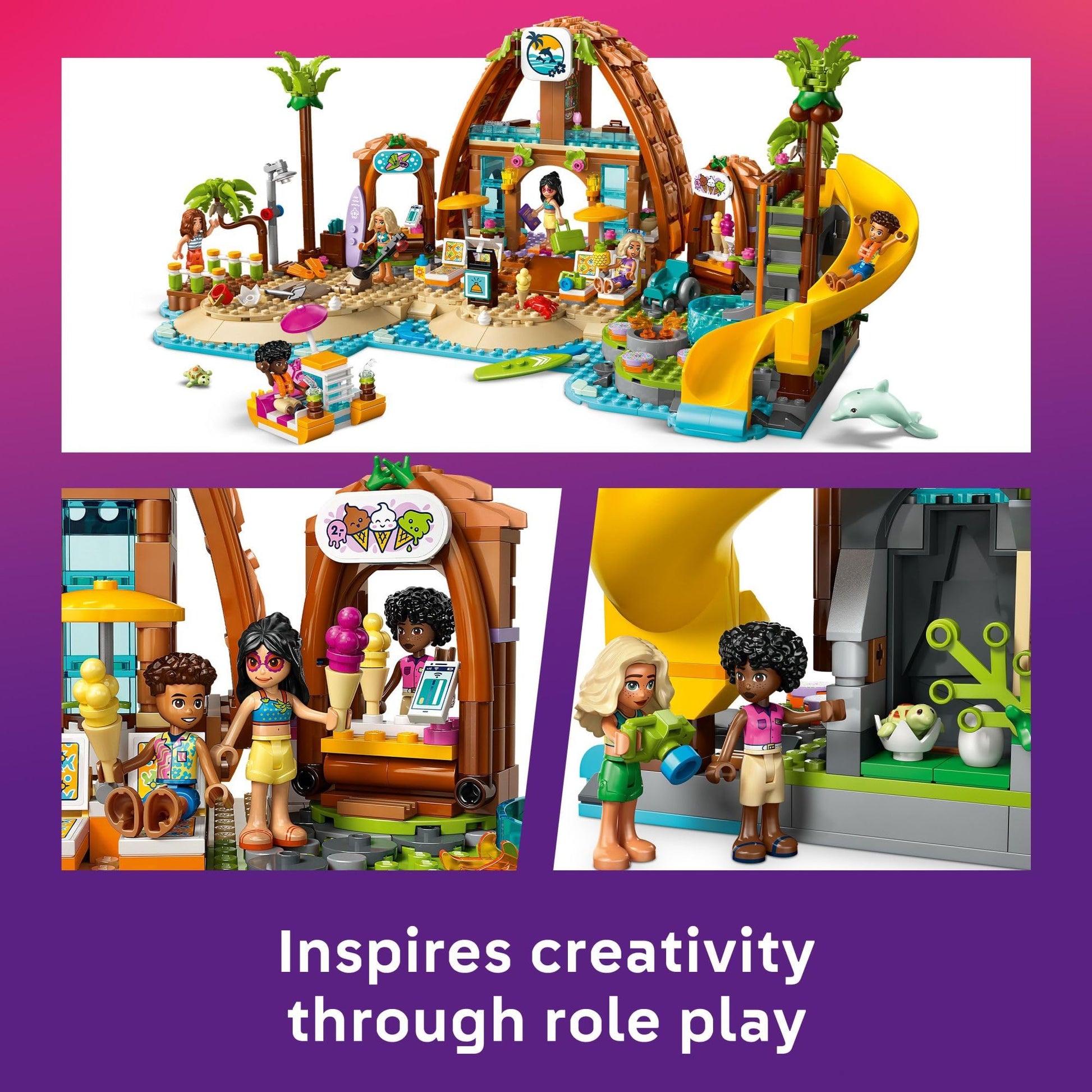 LEGO Friends Family Vacation Beach Resort Pretend Play Building Toy - Adventure Storytelling Playset with Dolphin Toys and Sea Turtles - Creative