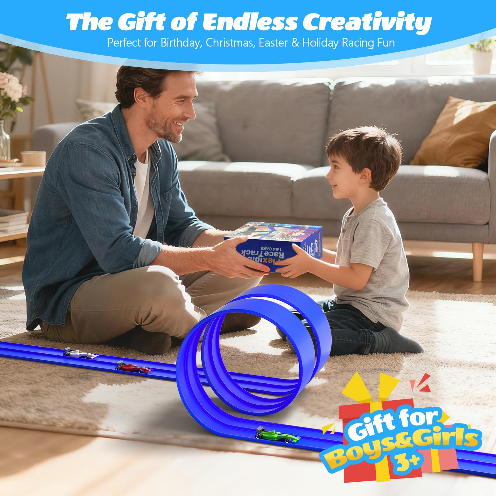 16FT Flexible Race Track with 4 Cars - DIY Car Ramp Track for Jumps, Loops, Ramps - Portable Roll-Up Dual Racetrack for Indoor Outdoor Play, Ages 3+