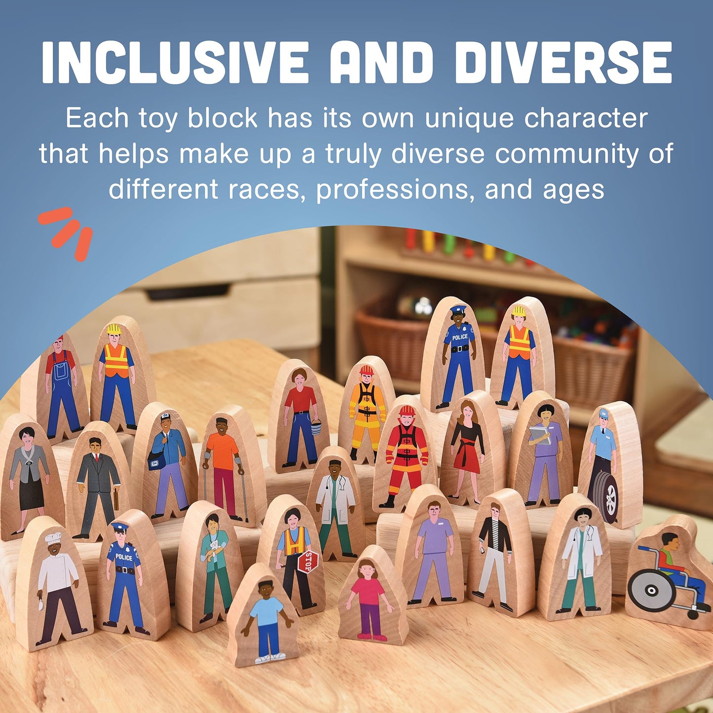 Constructive Playthings Wooden Community Helpers 25-Piece Wood Block Play Figurine Set, Freestanding Inclusive and Diverse Wood Toy Figures for Kids