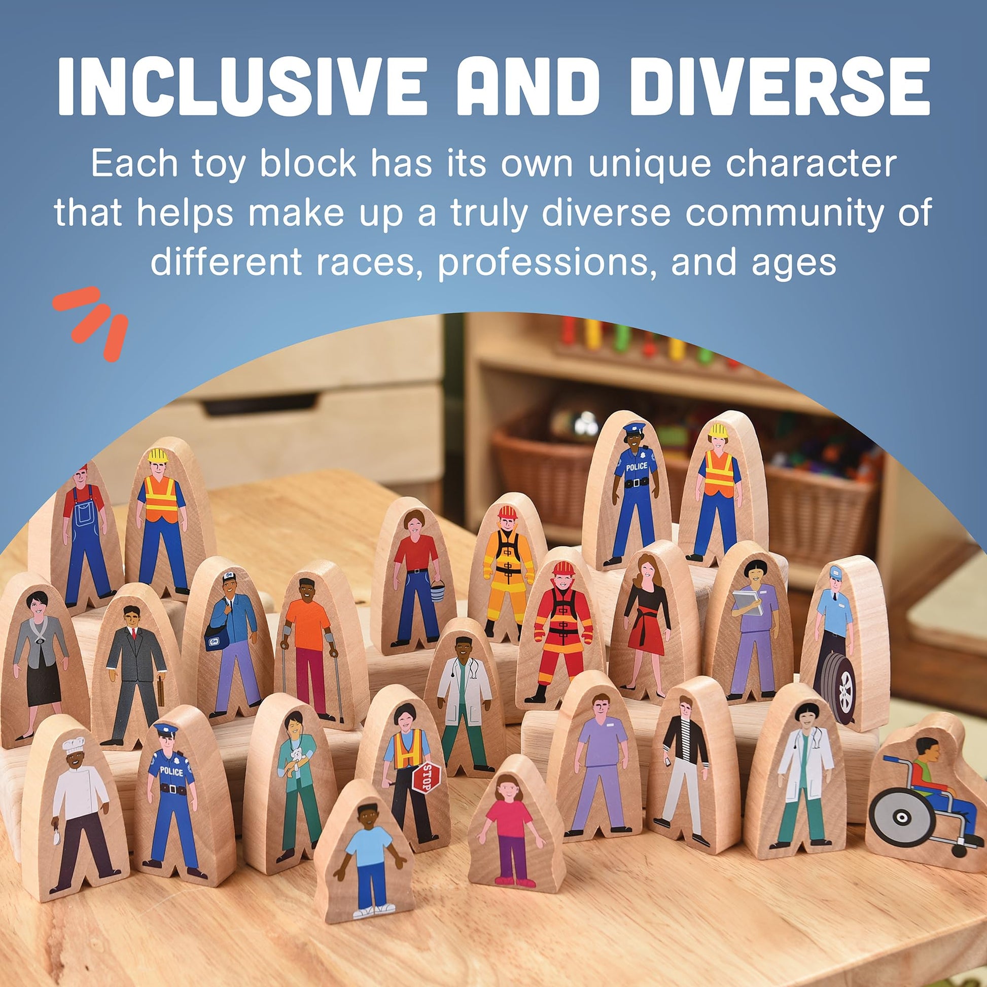 Constructive Playthings Wooden Community Helpers 25-Piece Wood Block Play Figurine Set, Freestanding Inclusive and Diverse Wood Toy Figures for Kids