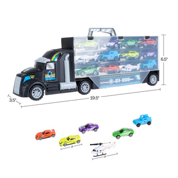 HEY! PLAY! Car Carrier Semi-Truck Toy - 2-Sided Trailer Holds 24 Vehicles - Includes 10 Cars, 2 Helicopters, Carry Handle, and Storage Case (Black)