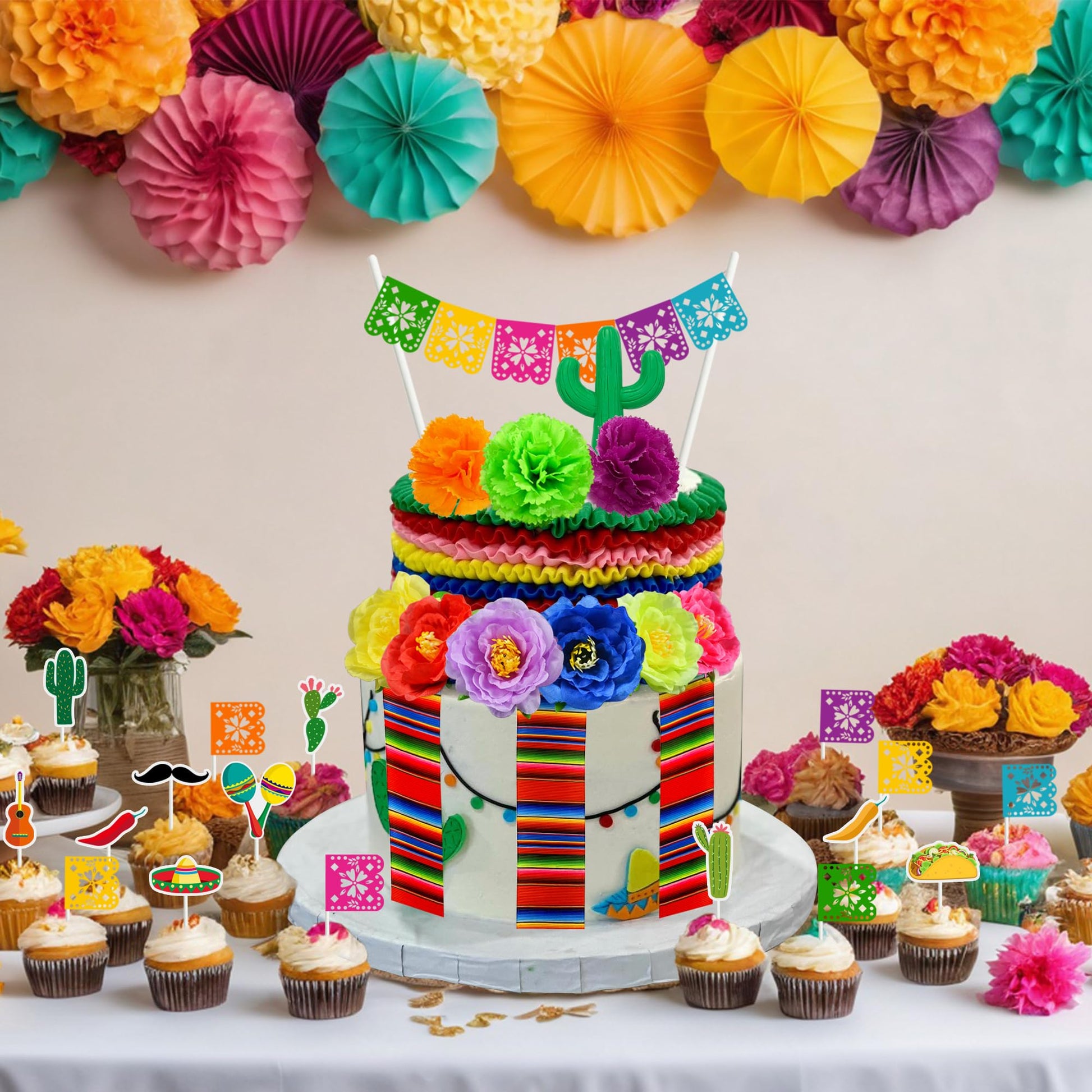 33 PCS Mexican Fiesta Cake Topper Mini Mexican Papel Picado Banner Cactus Pepper Sombrero and Flower Cake Decor for Mexican Themed Party Decorations