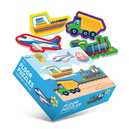 Darice Transport Vehicles 4-in-1 Jigsaw Puzzles for Kids - 48 Pieces Total (Four 12-Piece Puzzles) - Airplane, Train, Ship, and School Bus