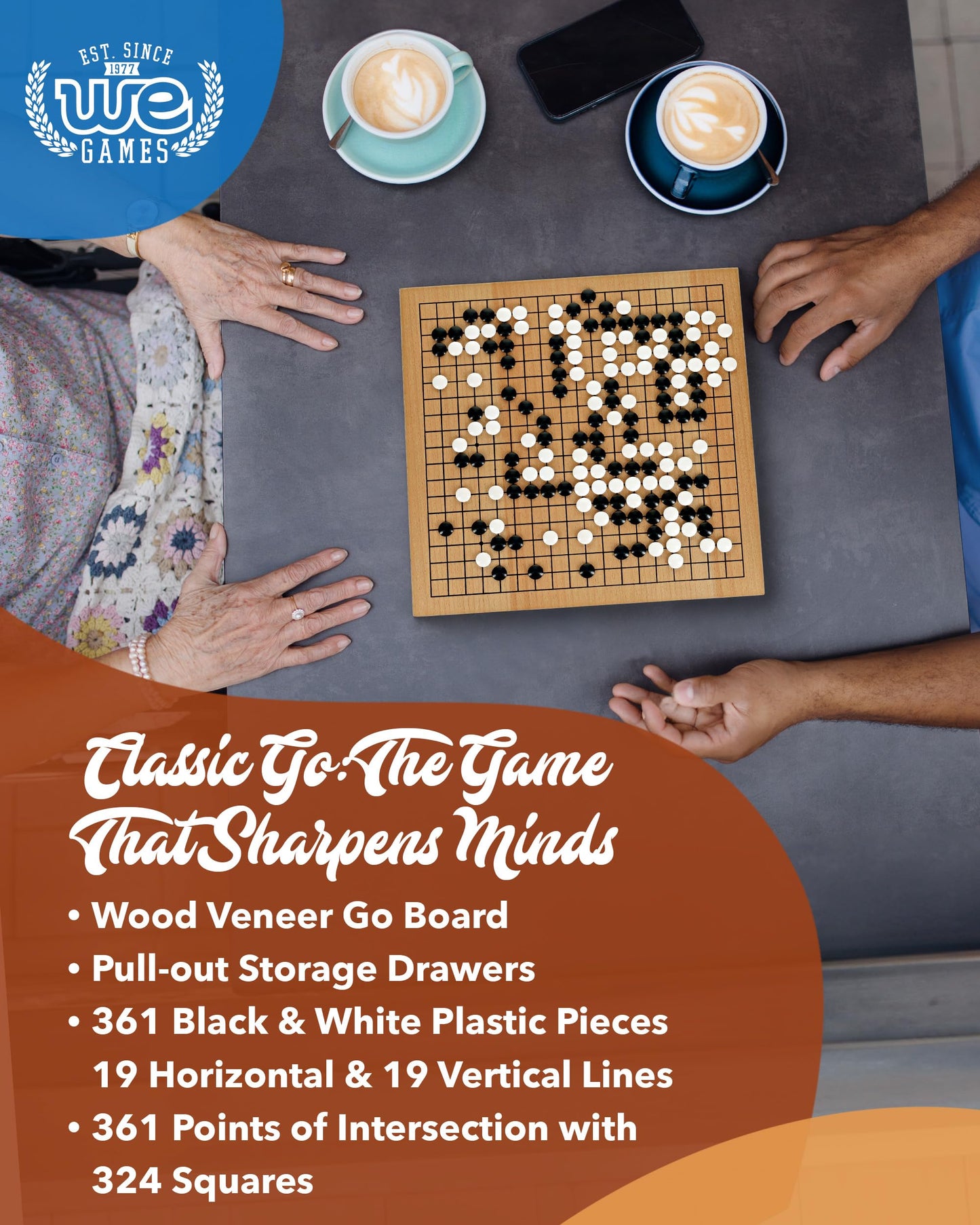 WE Games Go Game Set 12 Inch - Traditional Go Set with Pull-Out Storage Drawers, Portable Wood Veneer Goban, Strategy Board Games for Adults, Go Board